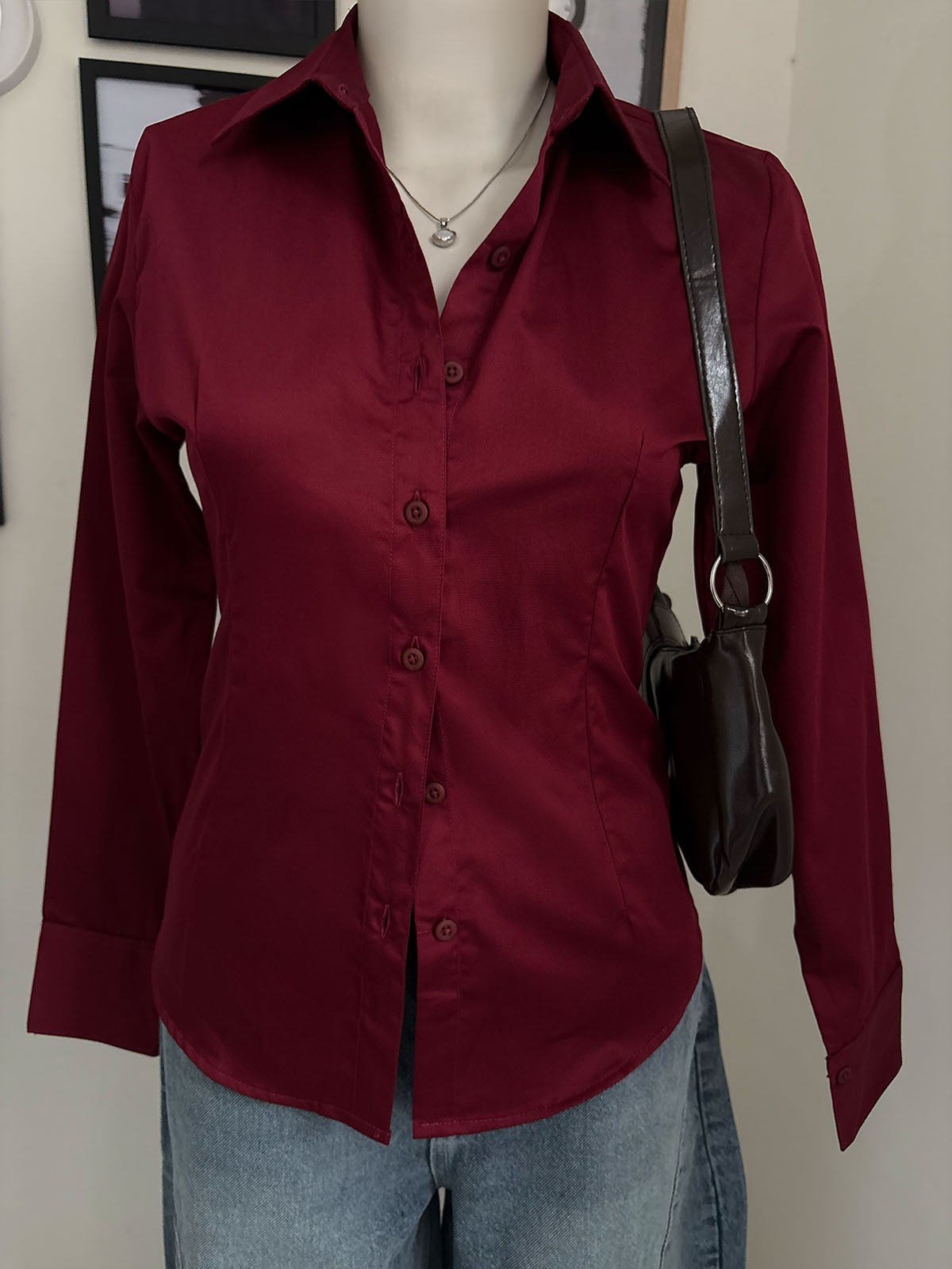 Deep Cherry Long Sleeve Y2K Fitted Shirt