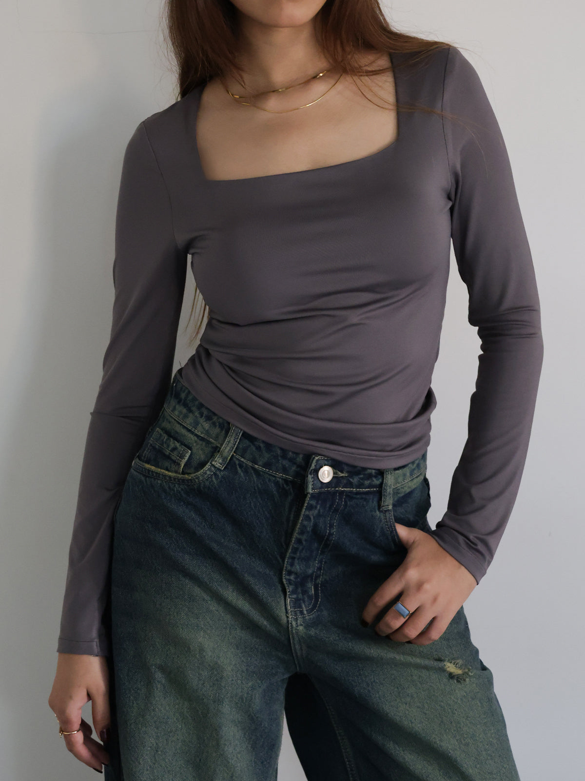Dark Grey Square Neck Long Sleeve Slim Fit Top