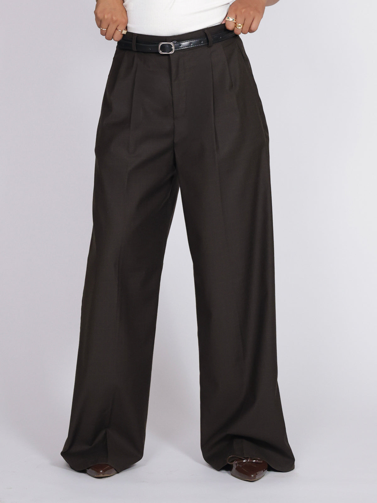 Espresso Brown Belted Wide Leg Korean Pant