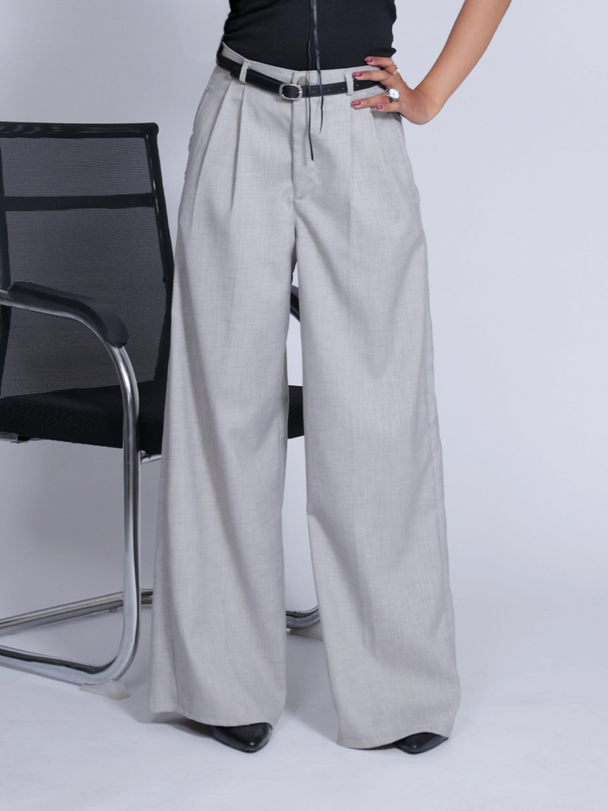 Oat Milk Belted Wide Leg Korean Pant