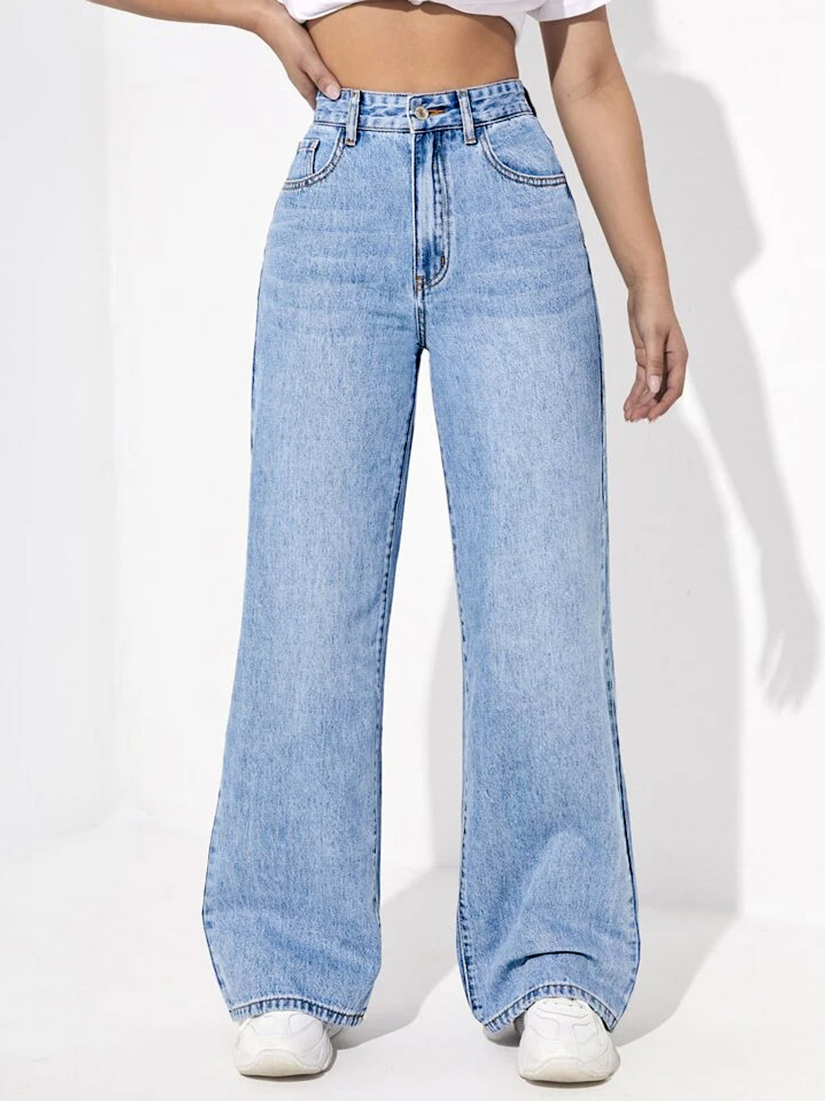 Stone Blue Whisker High Waist Wide Leg Jeans