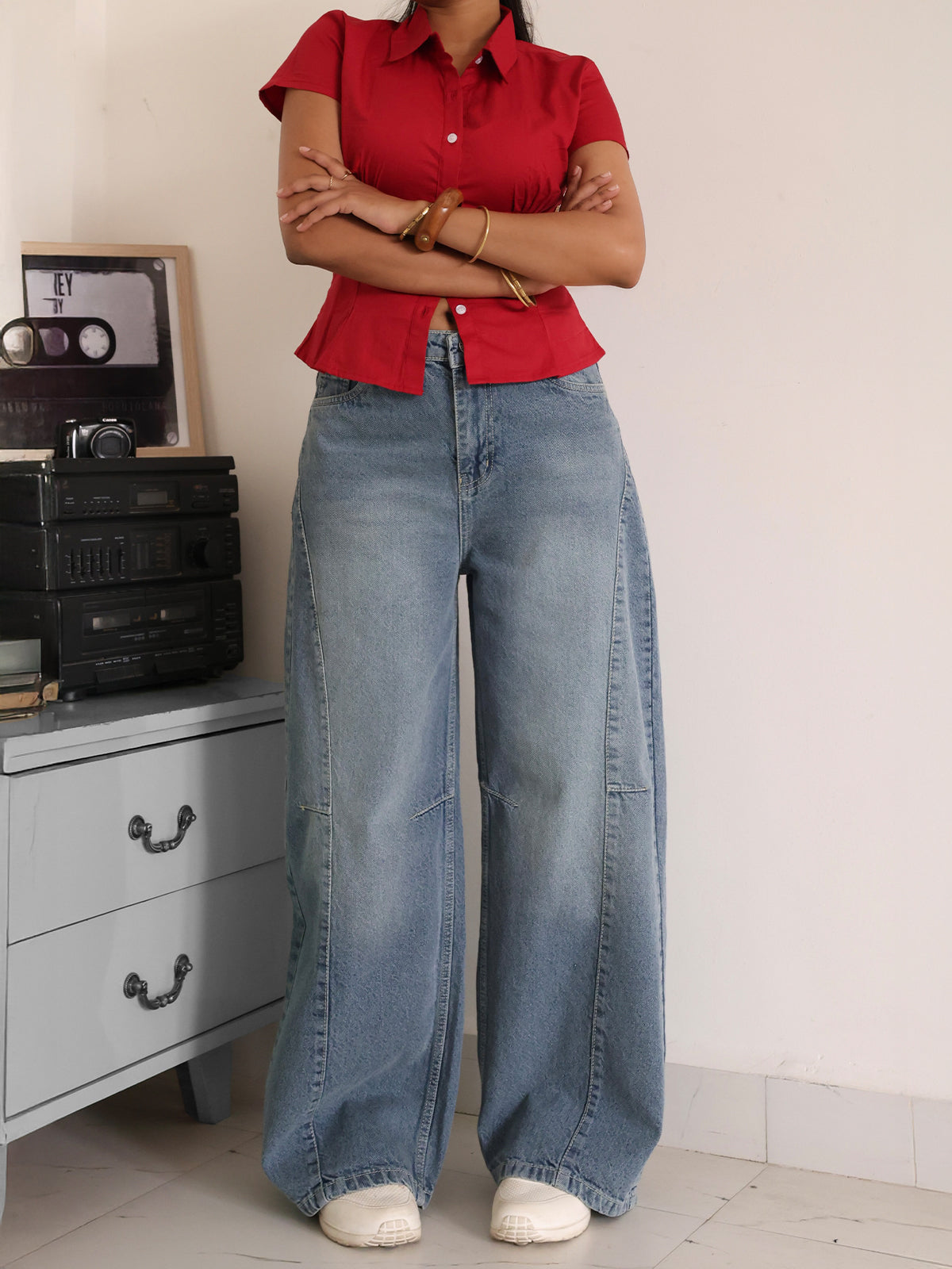 Pastel Blue Washed Panelled Wide Leg Jeans