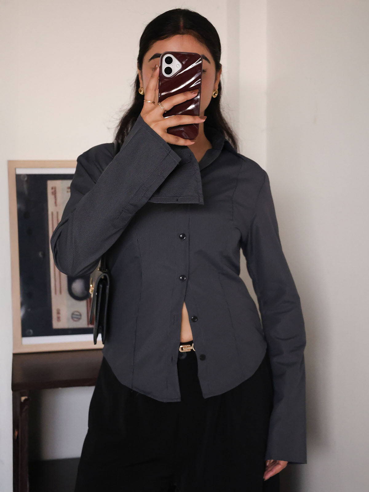 Charcoal Grey Pinstripe Flared Sleeve Fitted Shirt