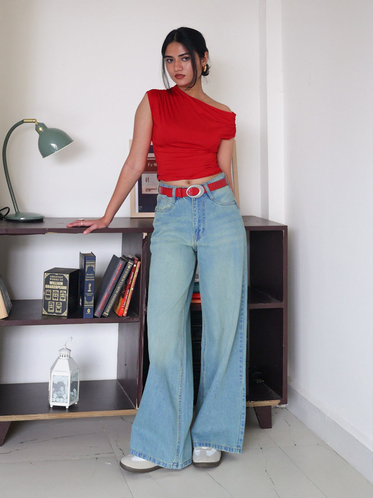 Red Asymmetrical Neck Slim Fit Top