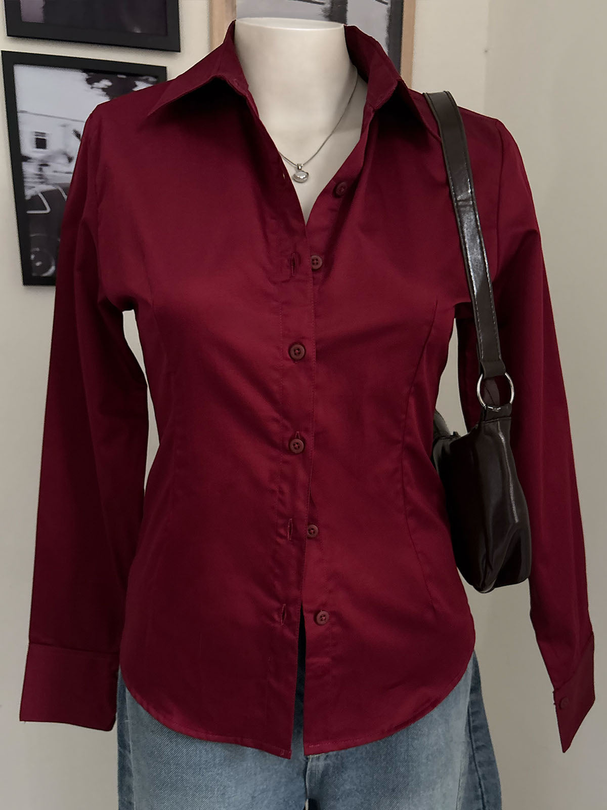 Deep Cherry Long Sleeve Y2K Fitted Shirt
