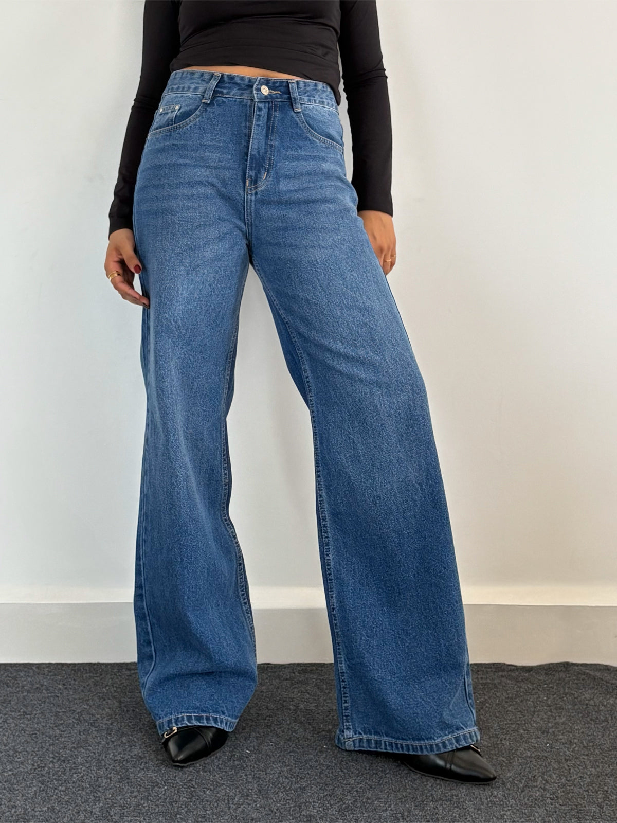 90'S Ocean Blue Whisker Super Wide Leg Jeans