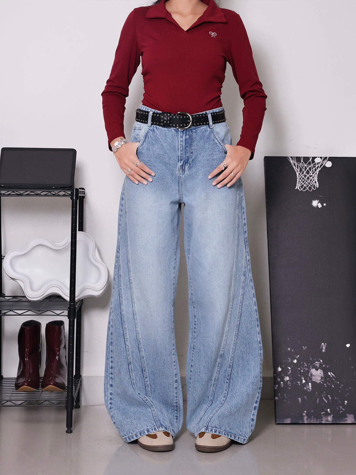 Clover Blue Panelled Super Wide Leg Jeans