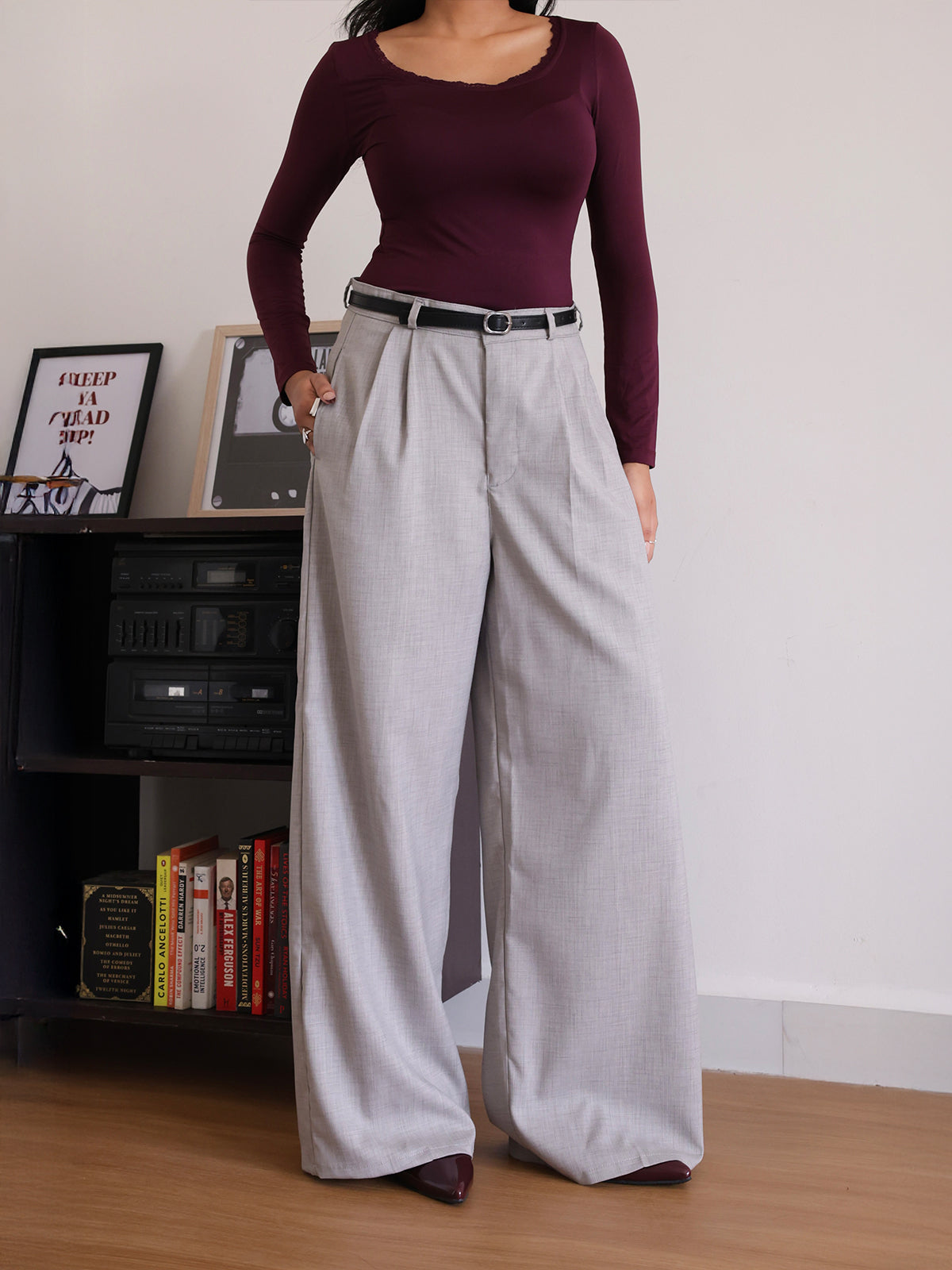 Oat Milk Belted Wide Leg Korean Pant