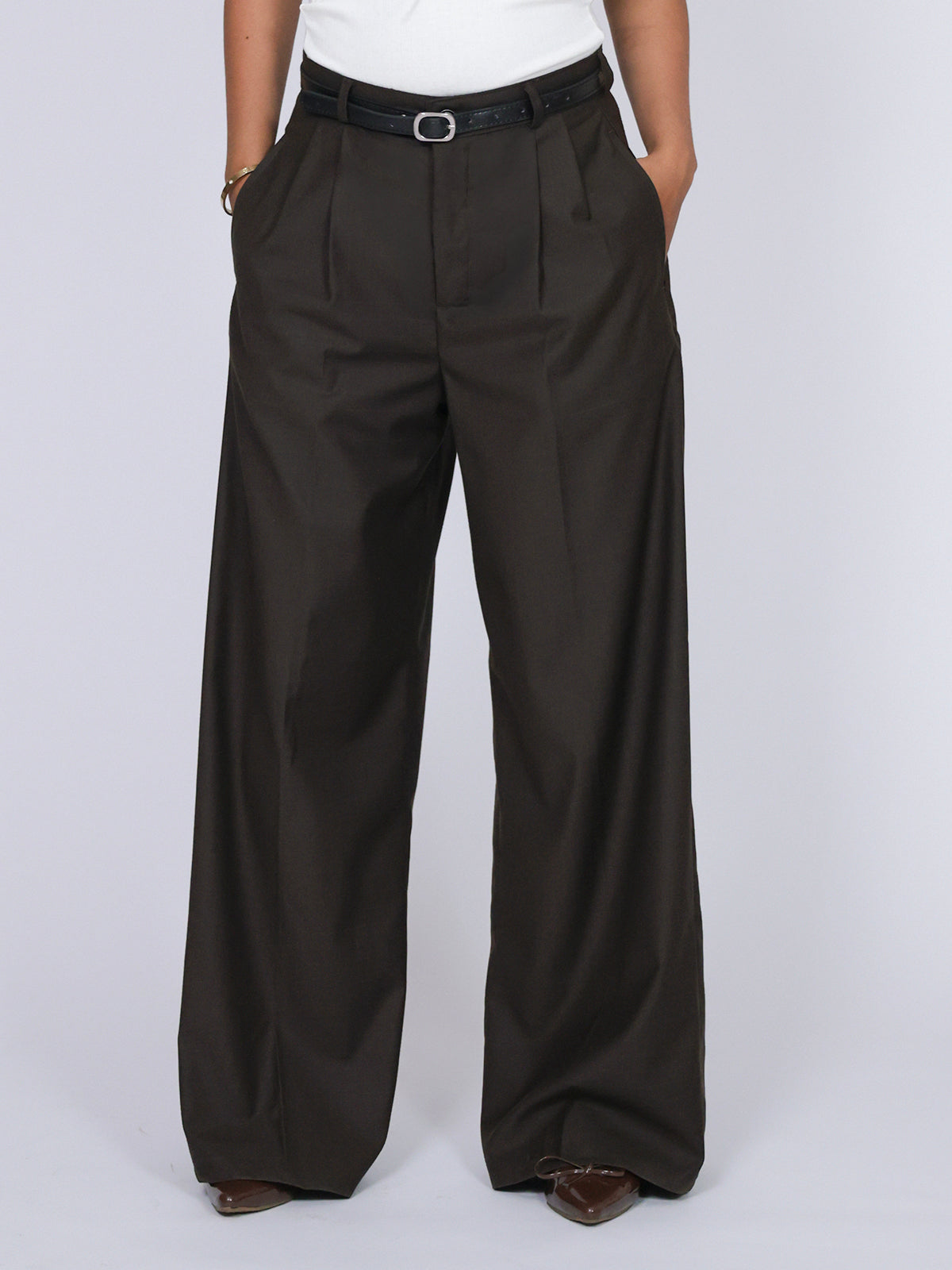 Espresso Brown Belted Wide Leg Korean Pant