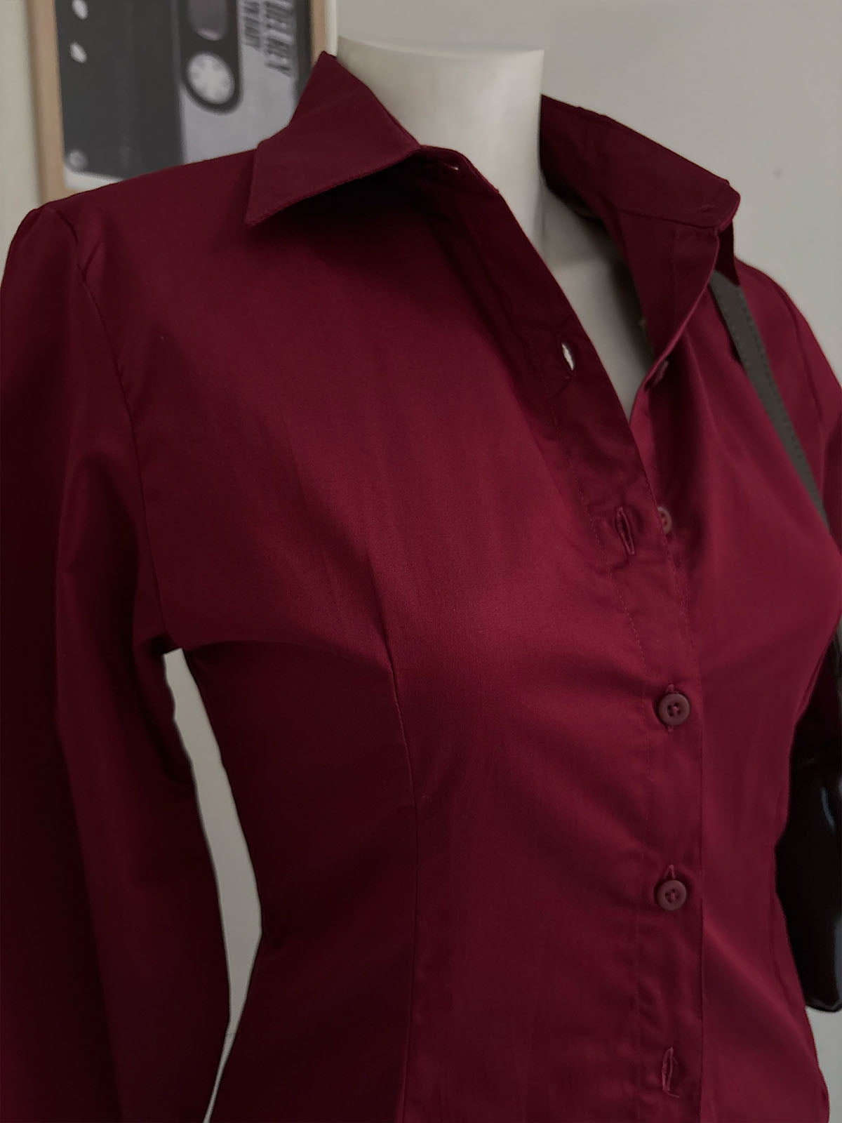 Deep Cherry Long Sleeve Y2K Fitted Shirt