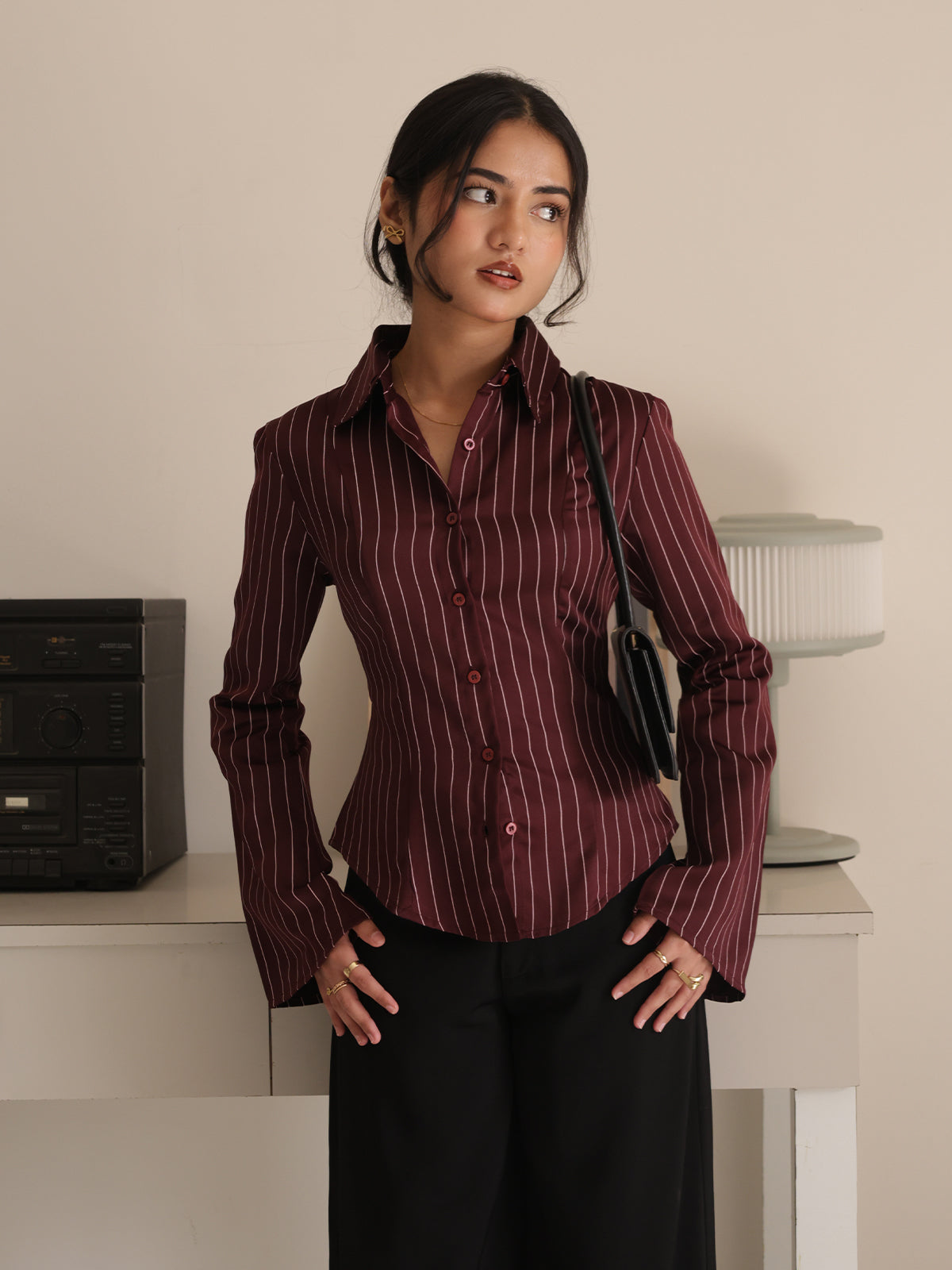 Wine Striped Flared Sleeve Fitted Shirt