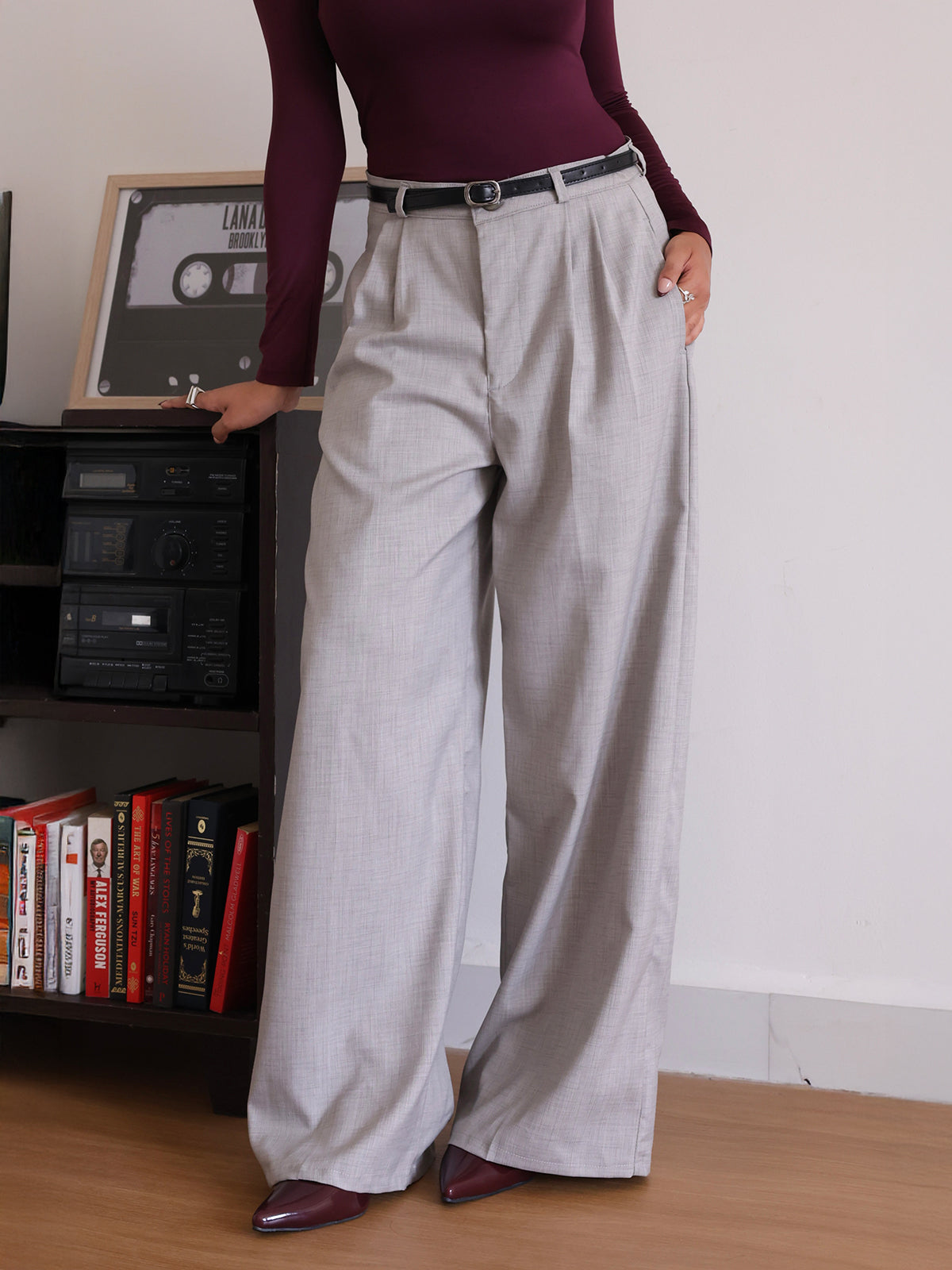 Oat Milk Belted Wide Leg Korean Pant