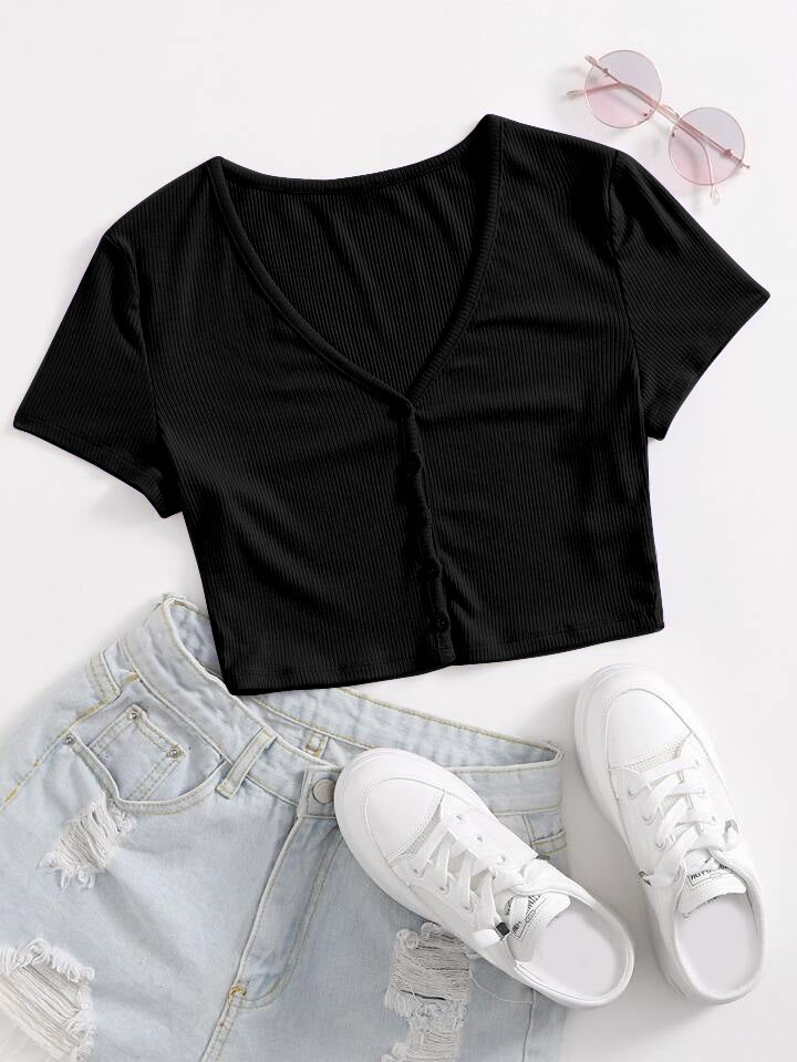 Black Buttoned Half Sleeve Crop Top