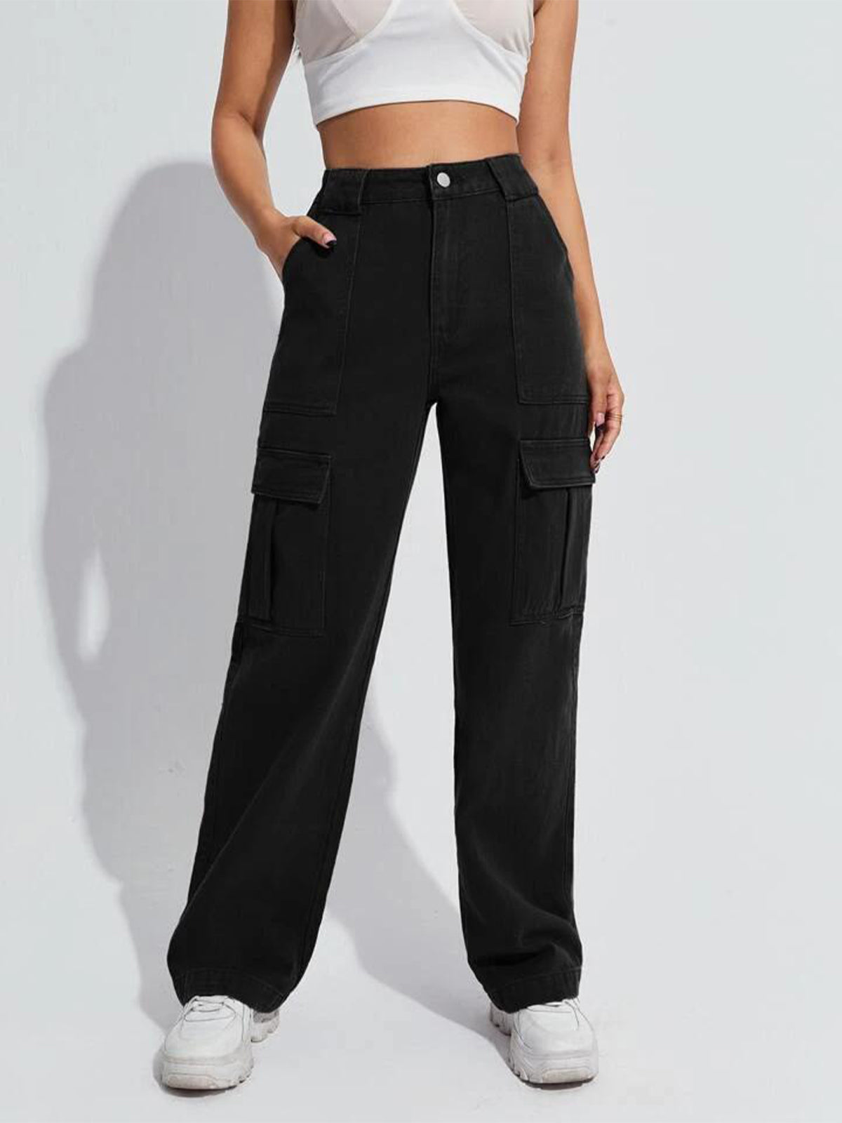 Black High Waist Wide Leg Denim Cargo