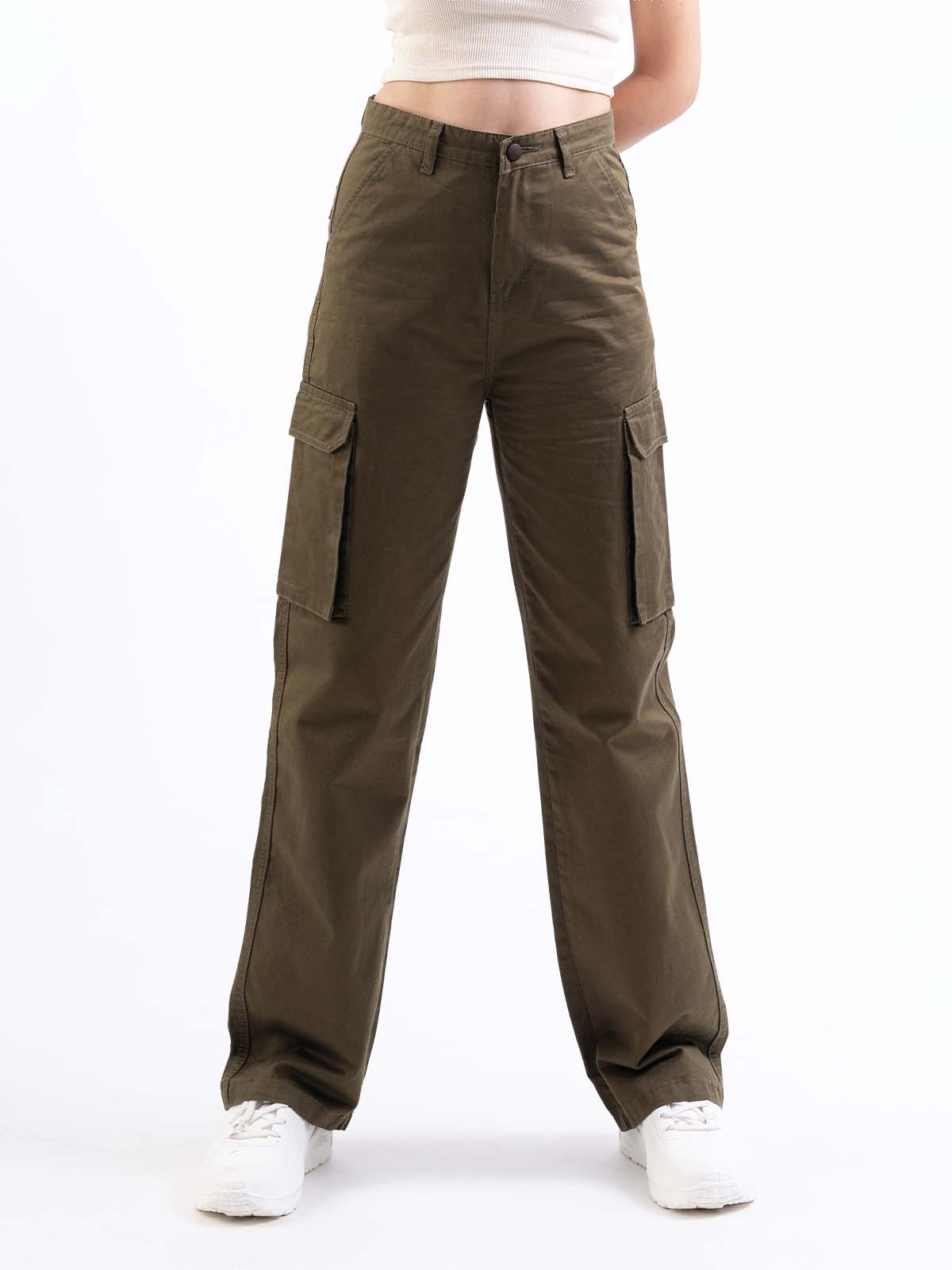 Army Green High Waist Baggy Fit Twill Cargo Trouser