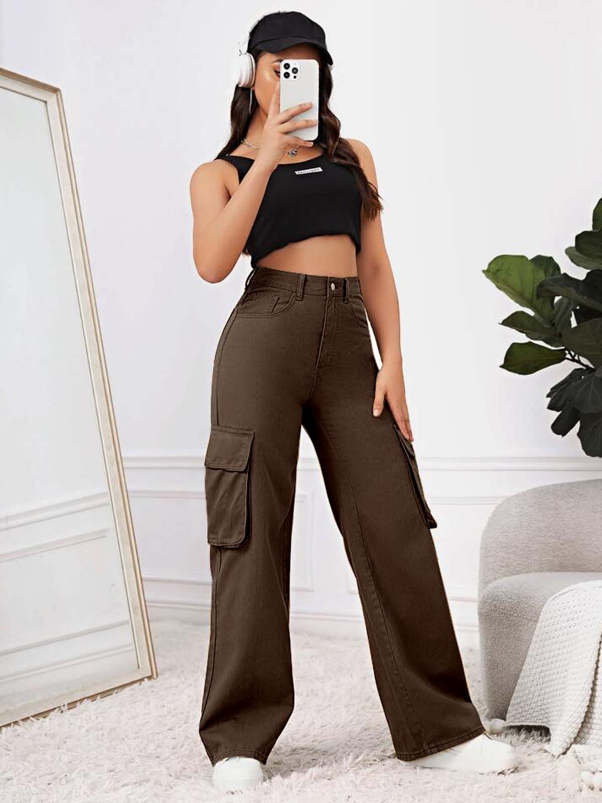 Brown High Waist Baggy Fit Twill Cargo Trouser