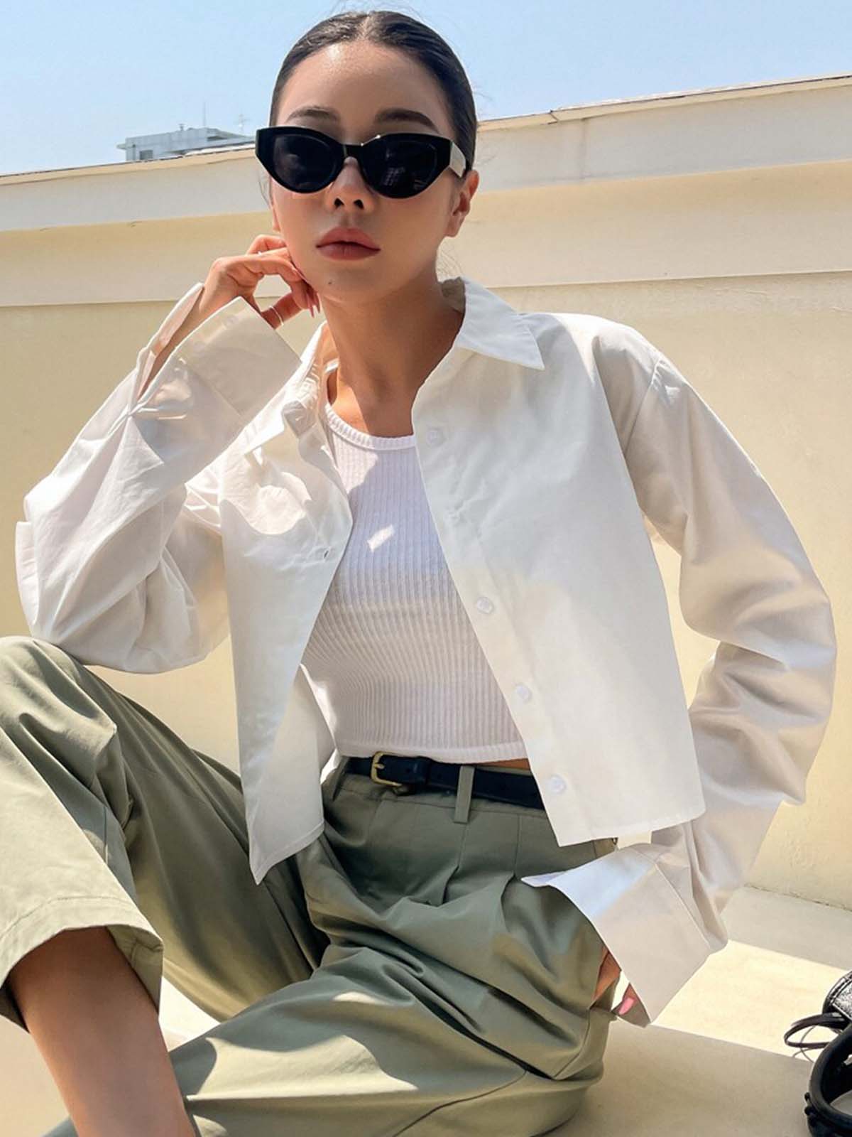 White Drop Shoulder Full Sleeve Crop Shirt