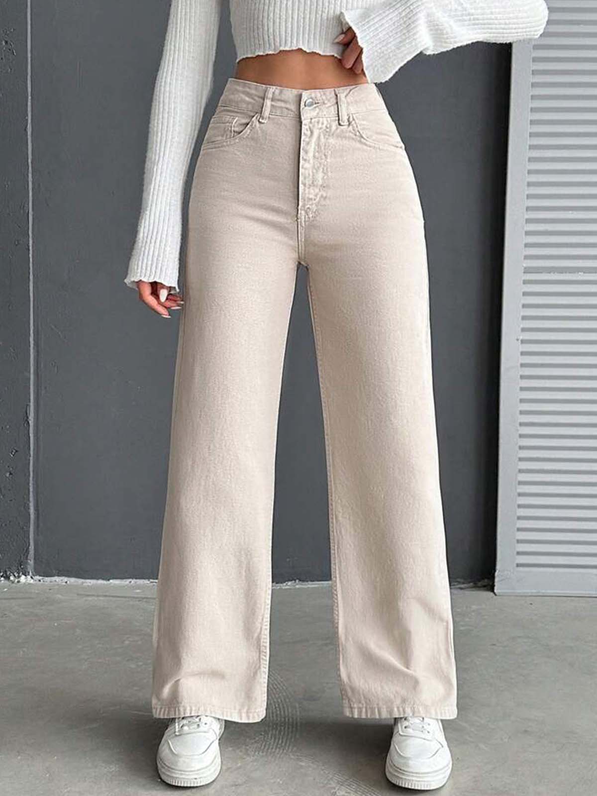 Beige High Waist Wide Leg Jeans