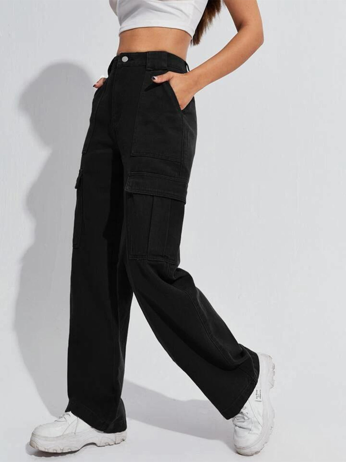 Black High Waist Wide Leg Denim Cargo