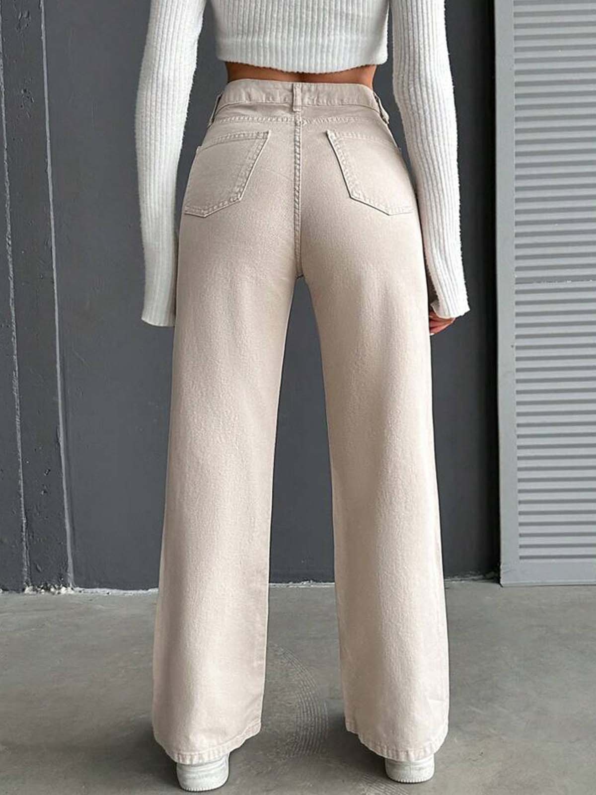 Beige High Waist Wide Leg Jeans