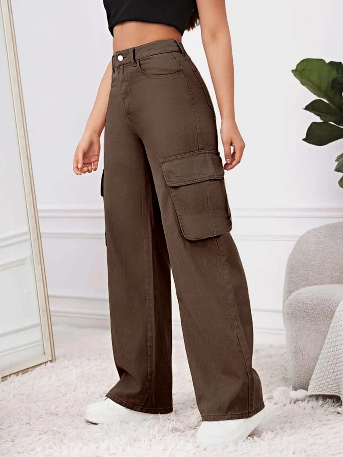 Brown High Waist Baggy Fit Twill Cargo Trouser