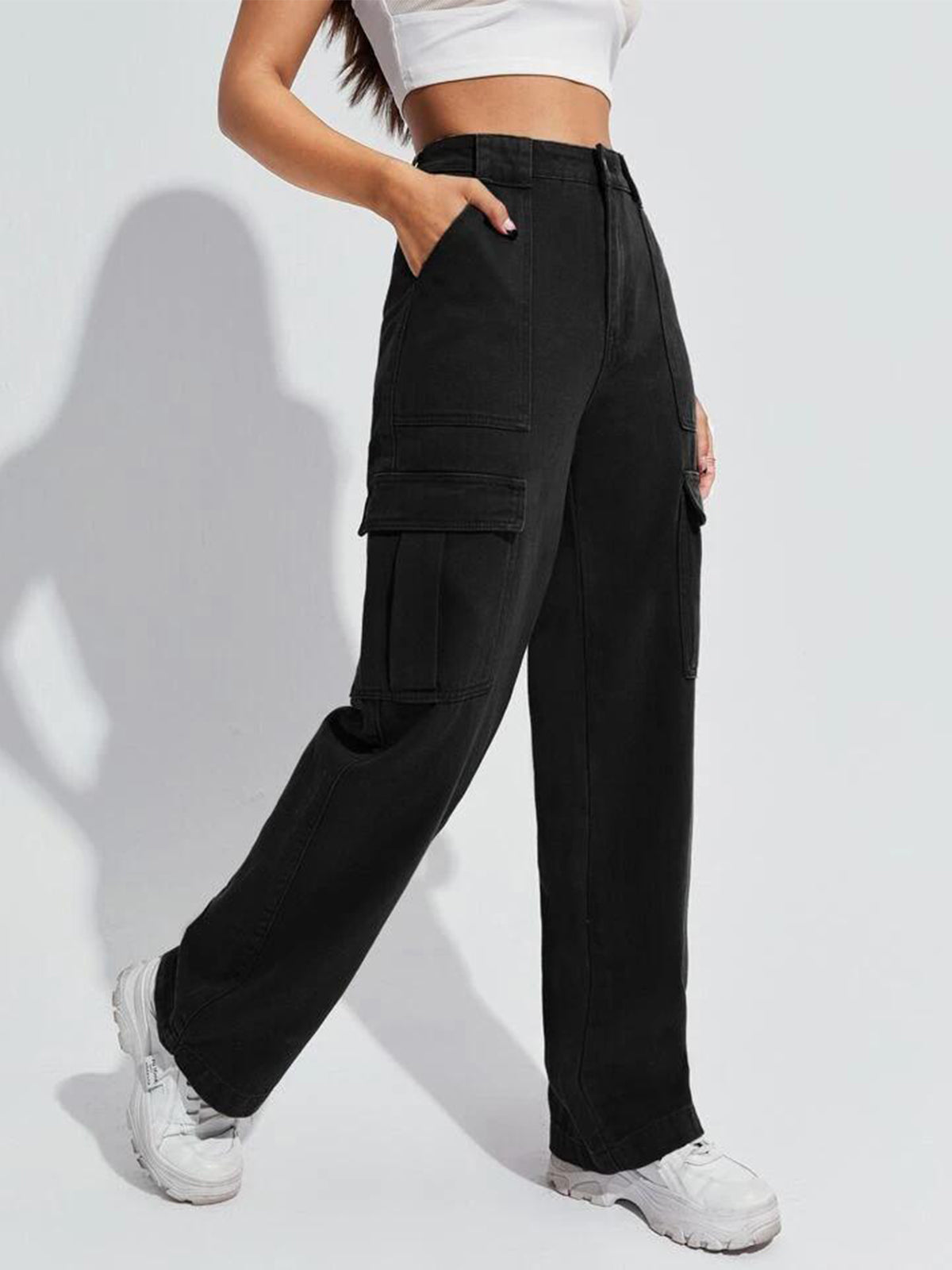 Black High Waist Wide Leg Denim Cargo