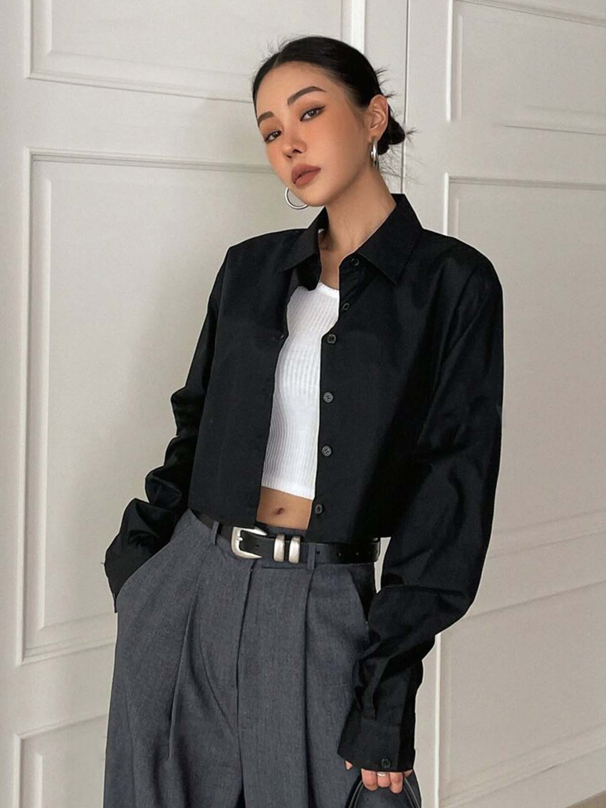 Black Drop Shoulder Full Sleeve Crop Shirt