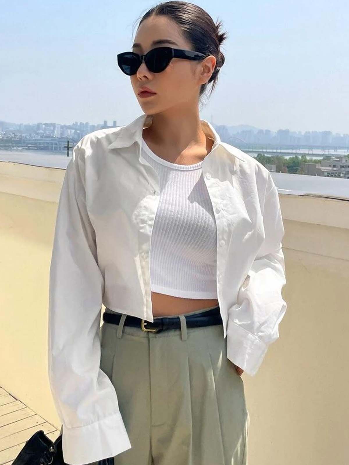 White Drop Shoulder Full Sleeve Crop Shirt