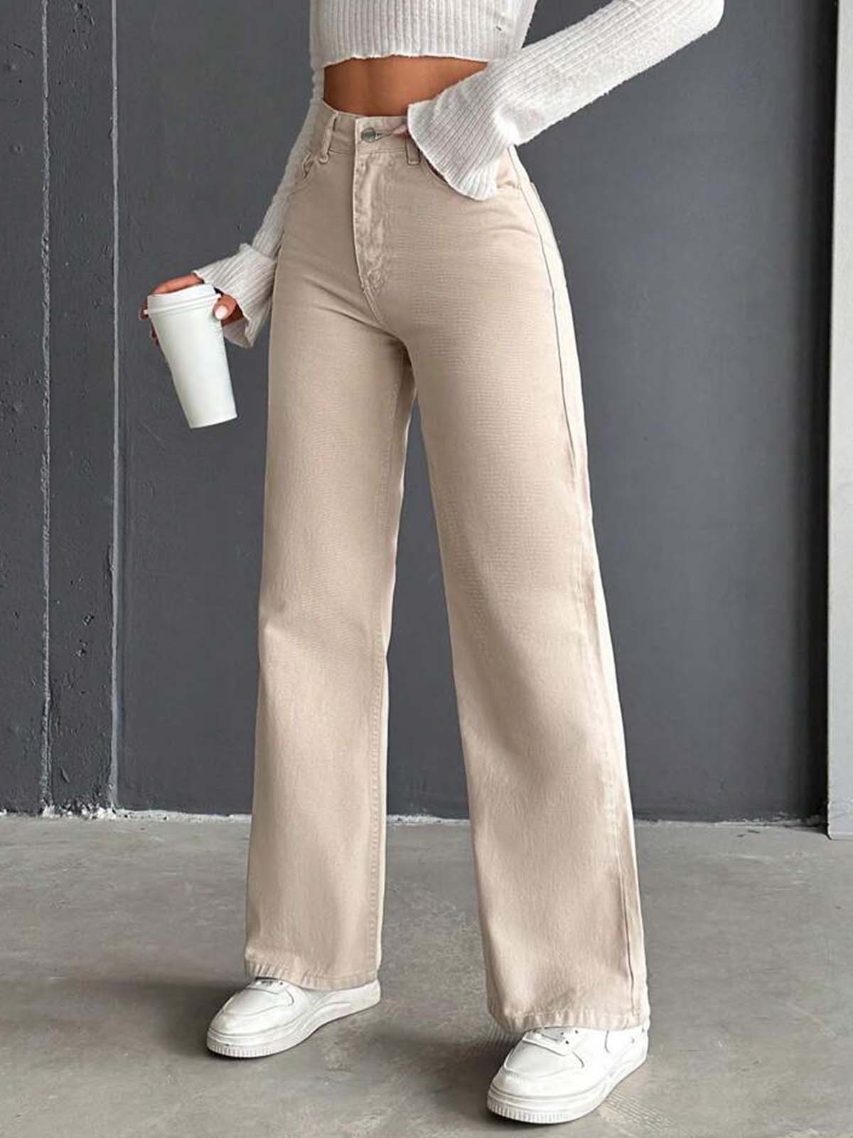 Beige High Waist Wide Leg Jeans