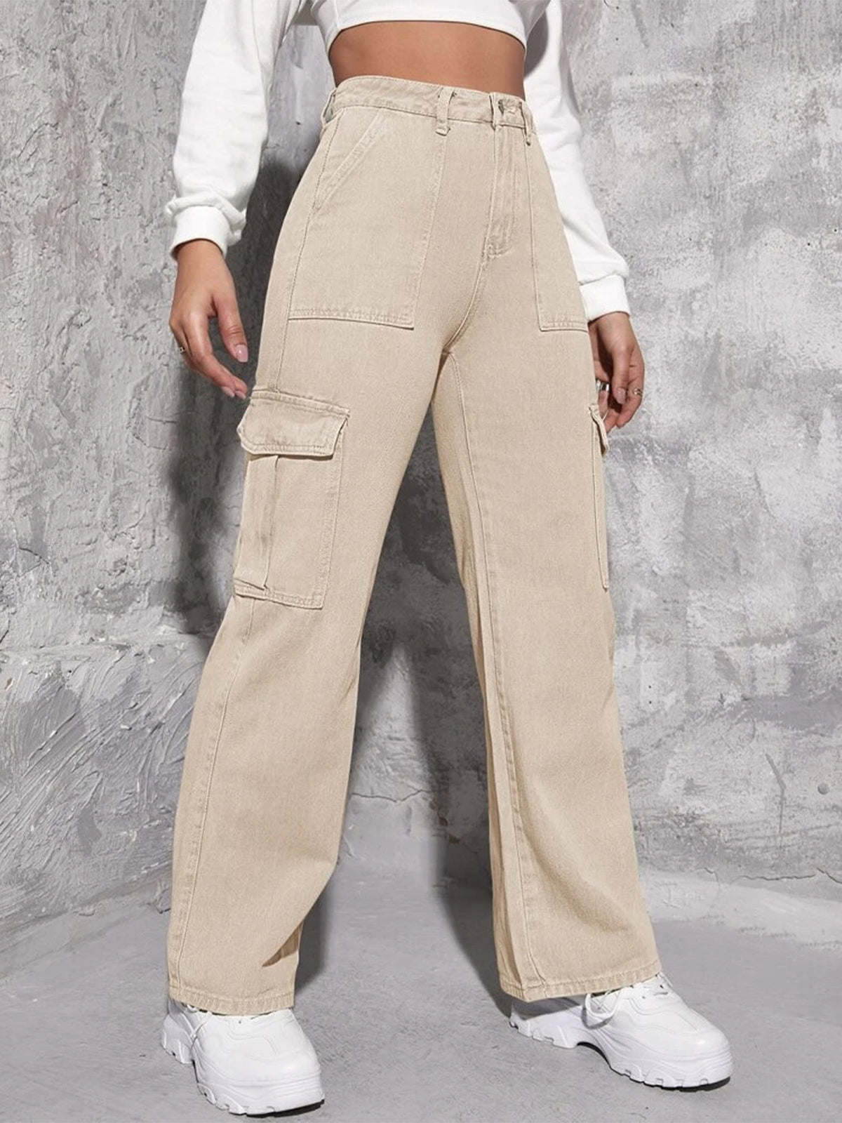 Beige High Waist Wide Leg Denim Cargo