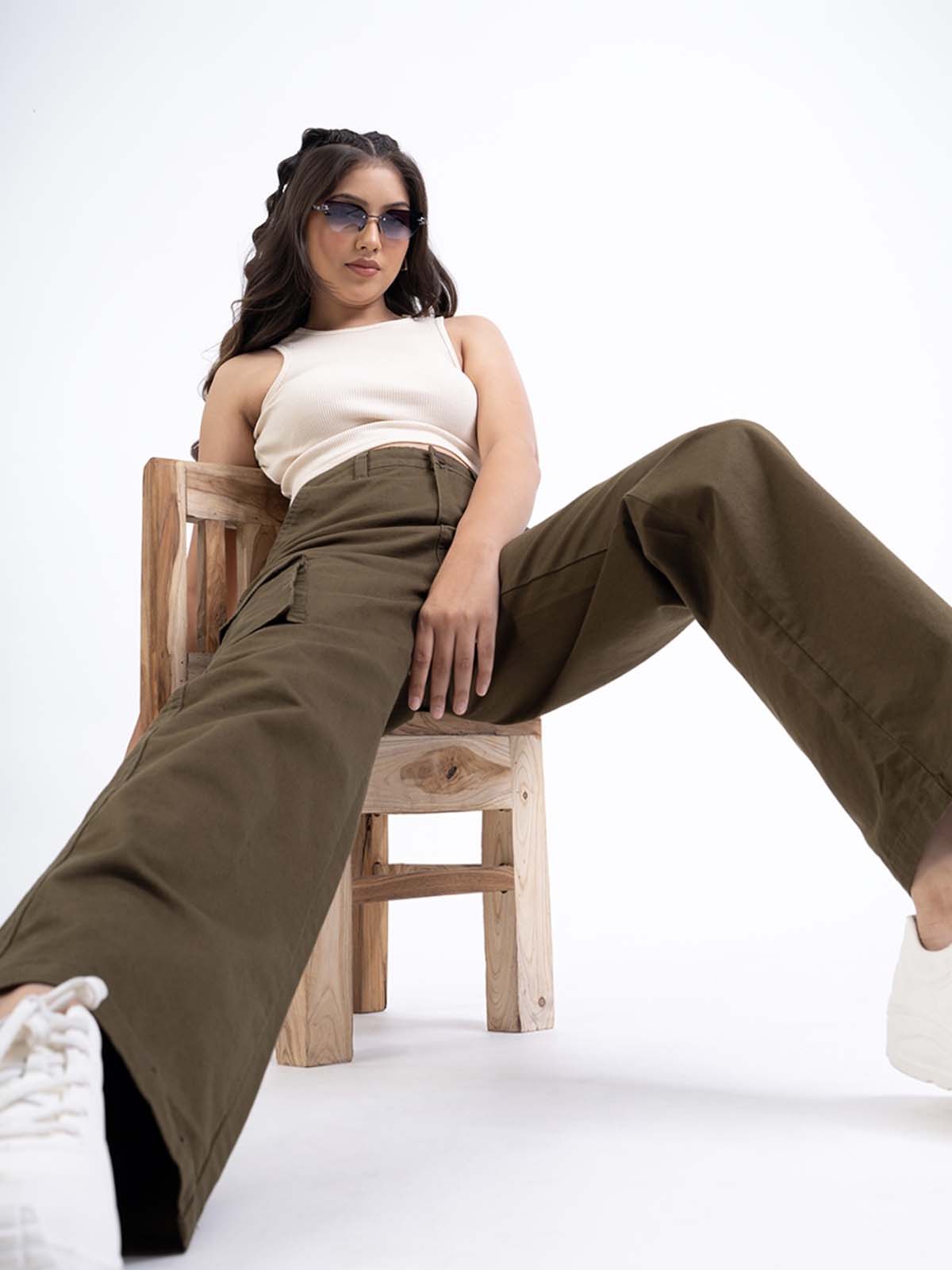 Army Green High Waist Baggy Fit Twill Cargo Trouser