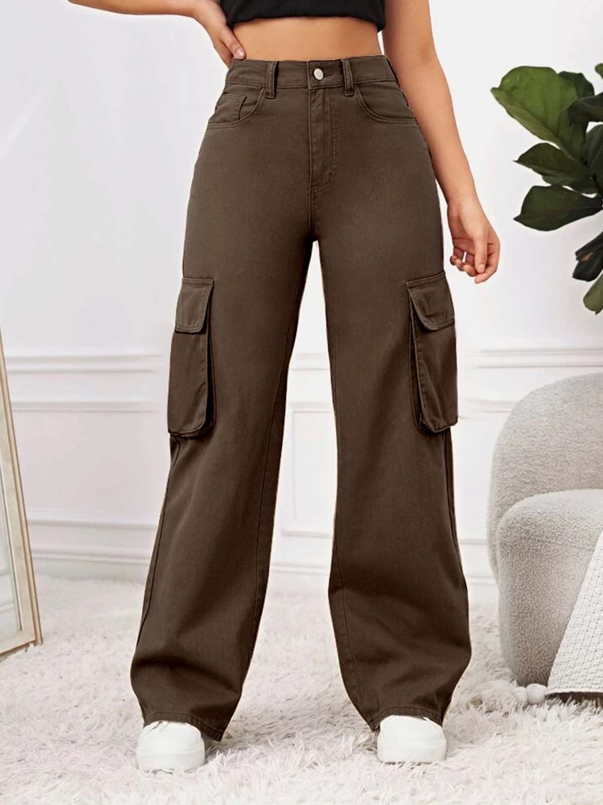 Brown High Waist Baggy Fit Twill Cargo Trouser