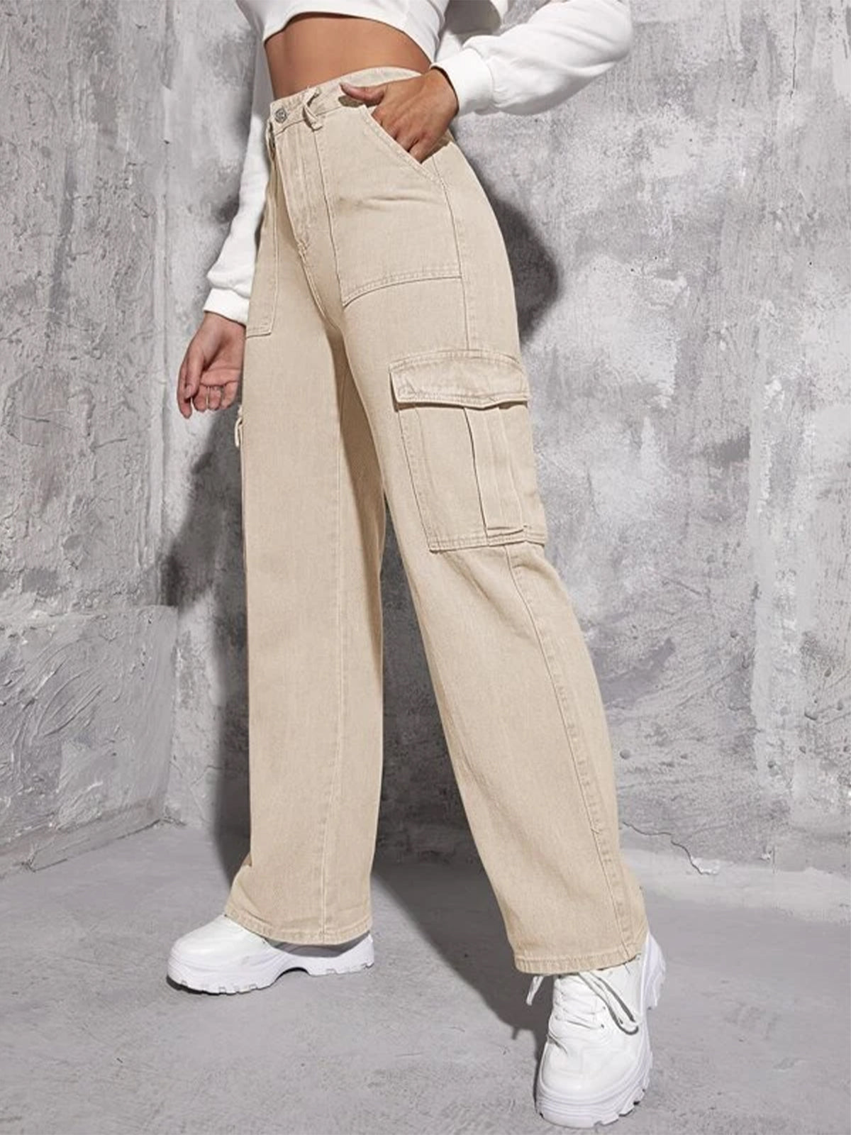 Beige High Waist Wide Leg Denim Cargo