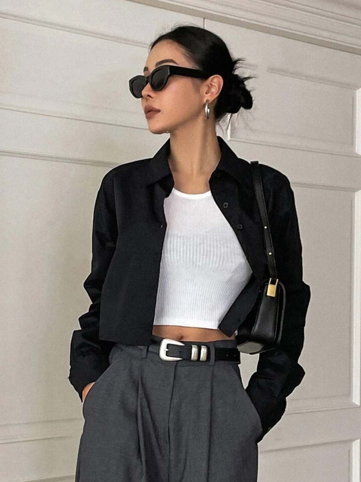 Black Drop Shoulder Full Sleeve Crop Shirt