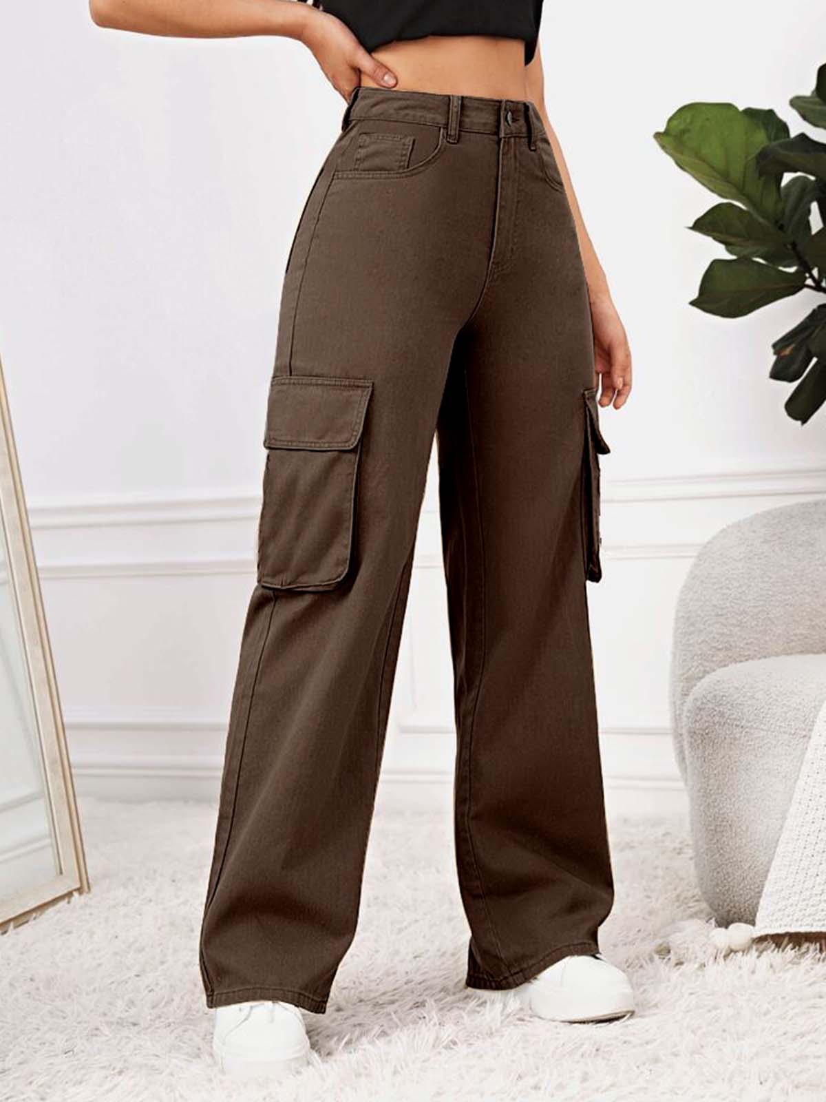 Brown High Waist Baggy Fit Twill Cargo Trouser