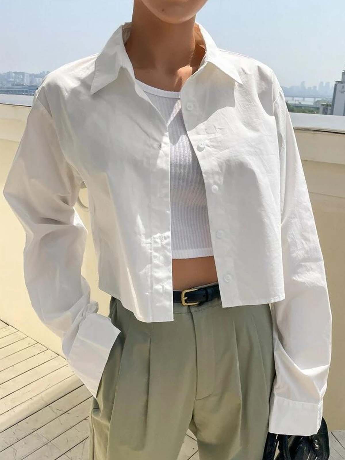 White Drop Shoulder Full Sleeve Crop Shirt