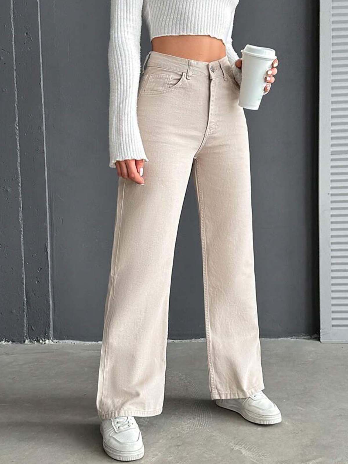 Beige High Waist Wide Leg Jeans