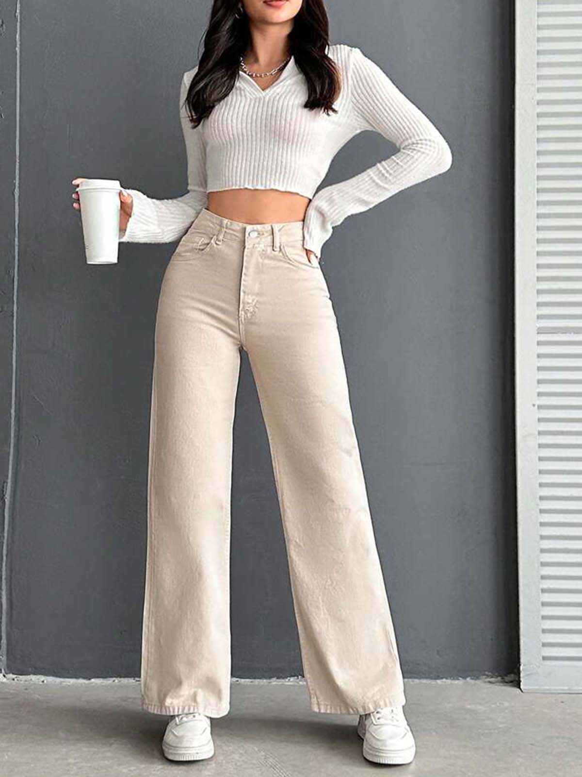 Beige High Waist Wide Leg Jeans