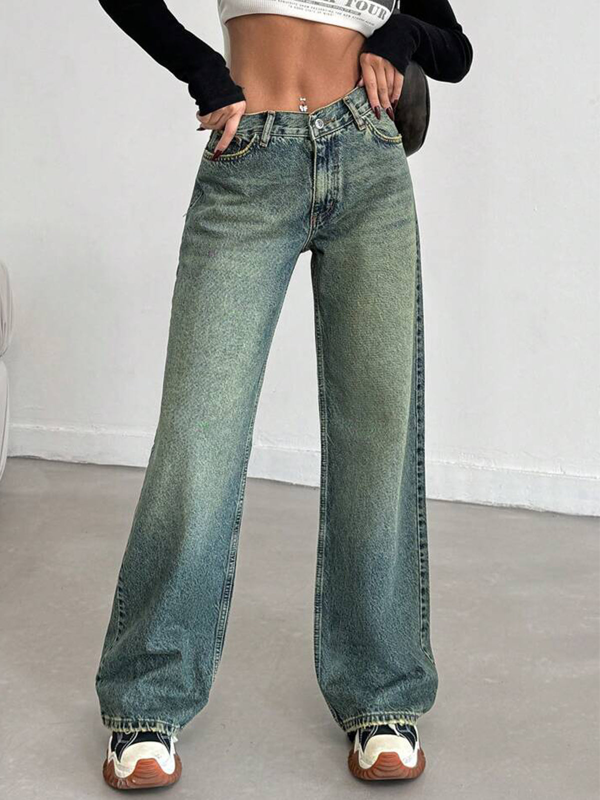 Cyber Green Acid Wash Straight Leg Jeans