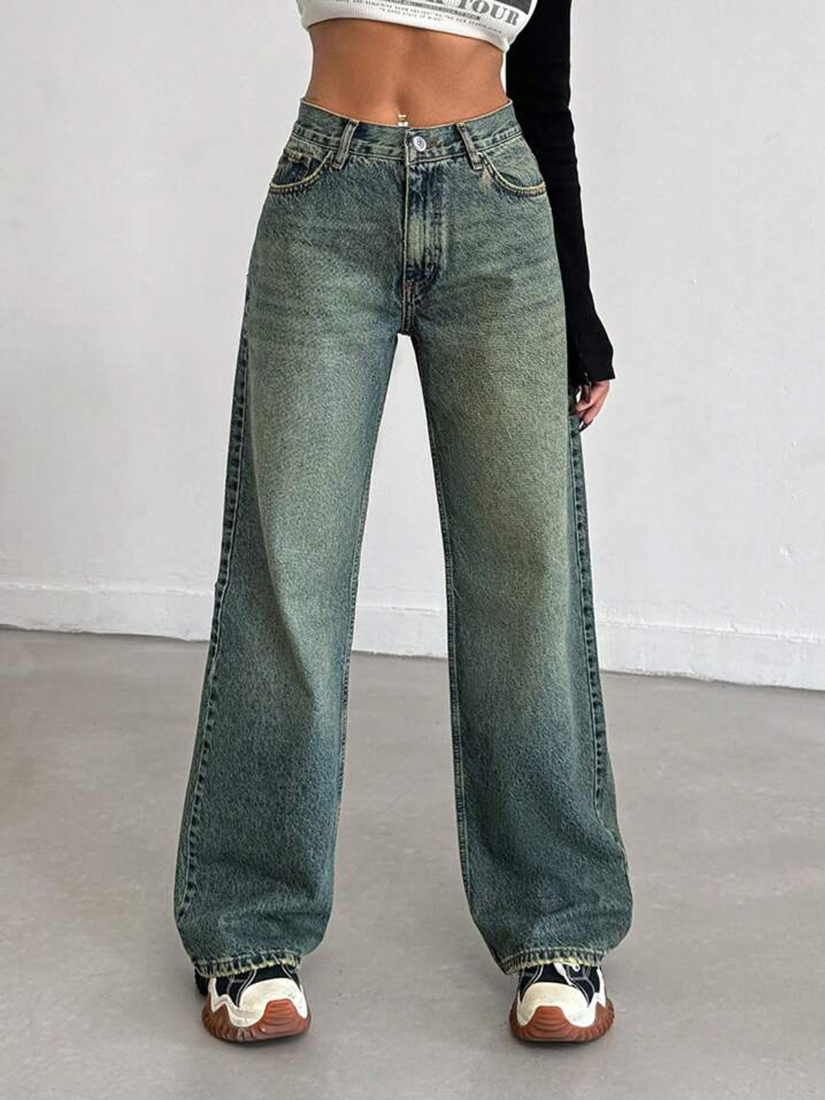 Cyber Green Acid Wash Straight Leg Jeans
