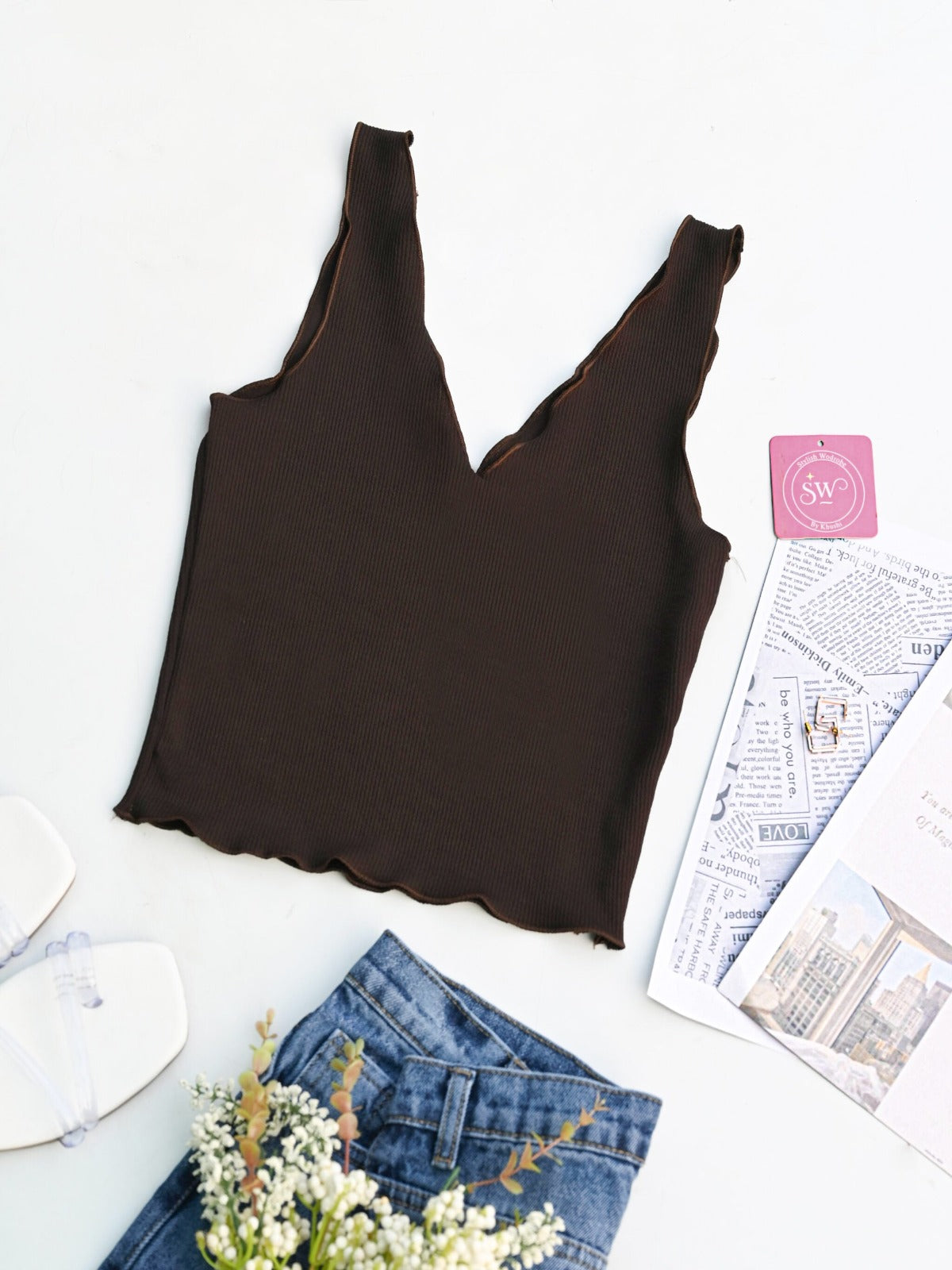 Brown Lettuce Trim Tank Top