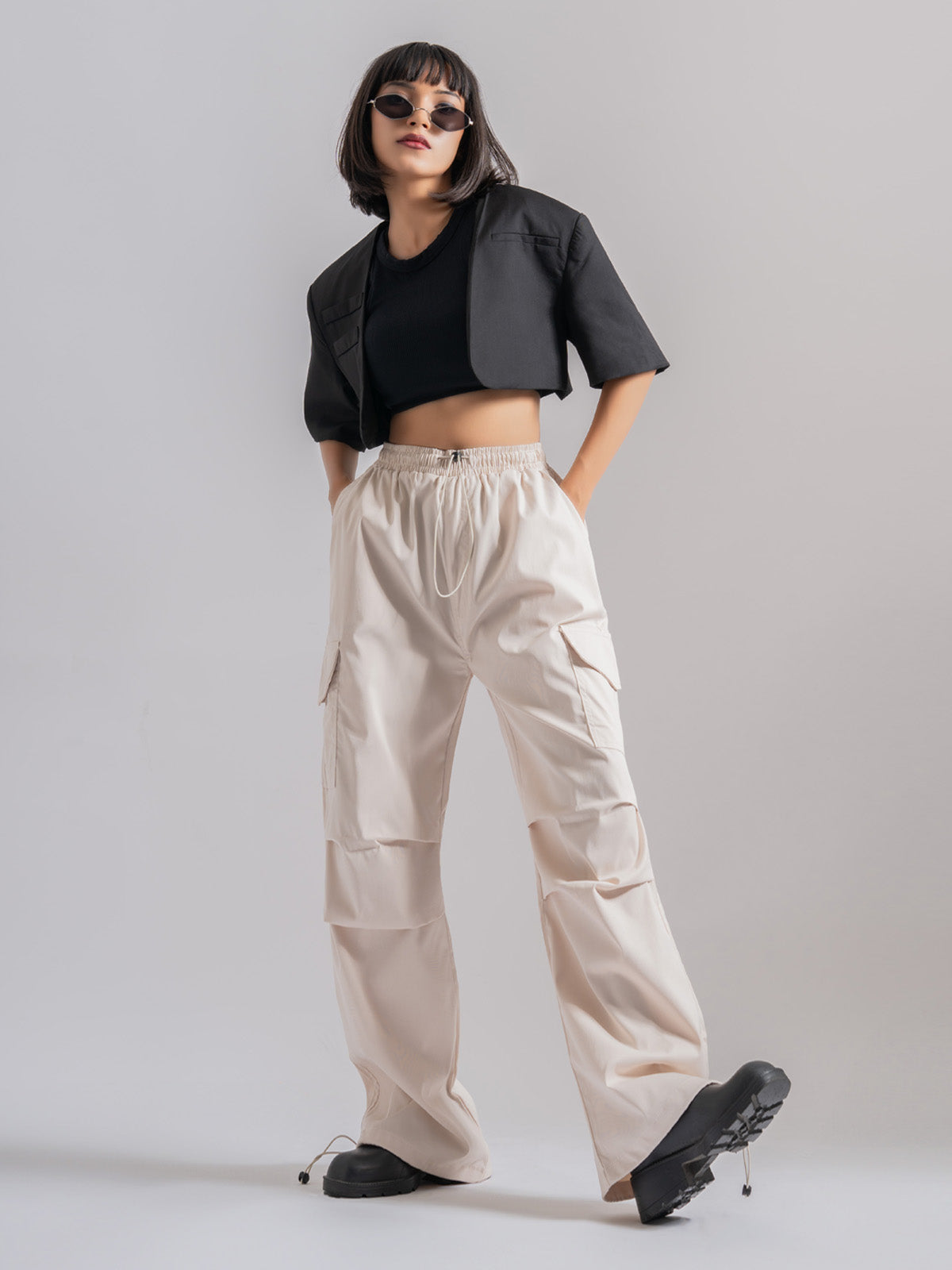 Beige Twill Cotton Parachute Pants