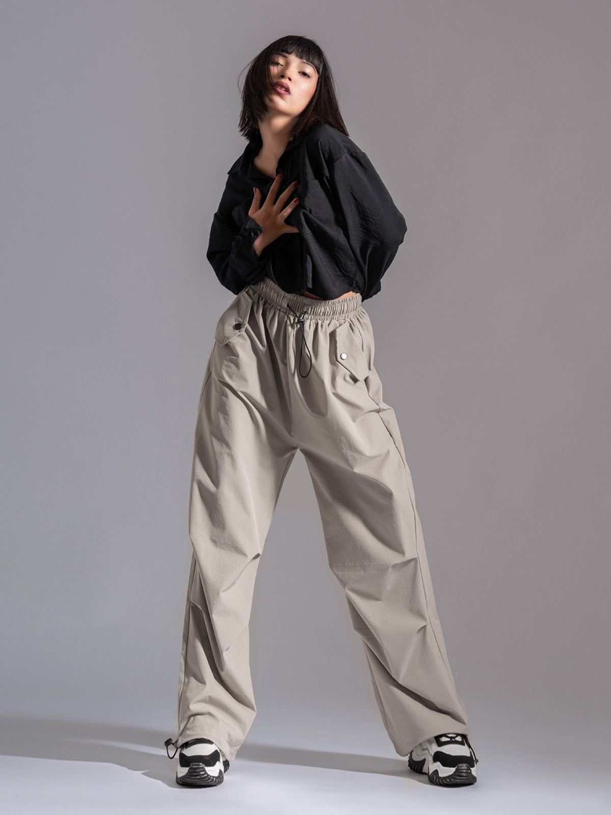 Ivory Nylon Baggy Parachute Pants