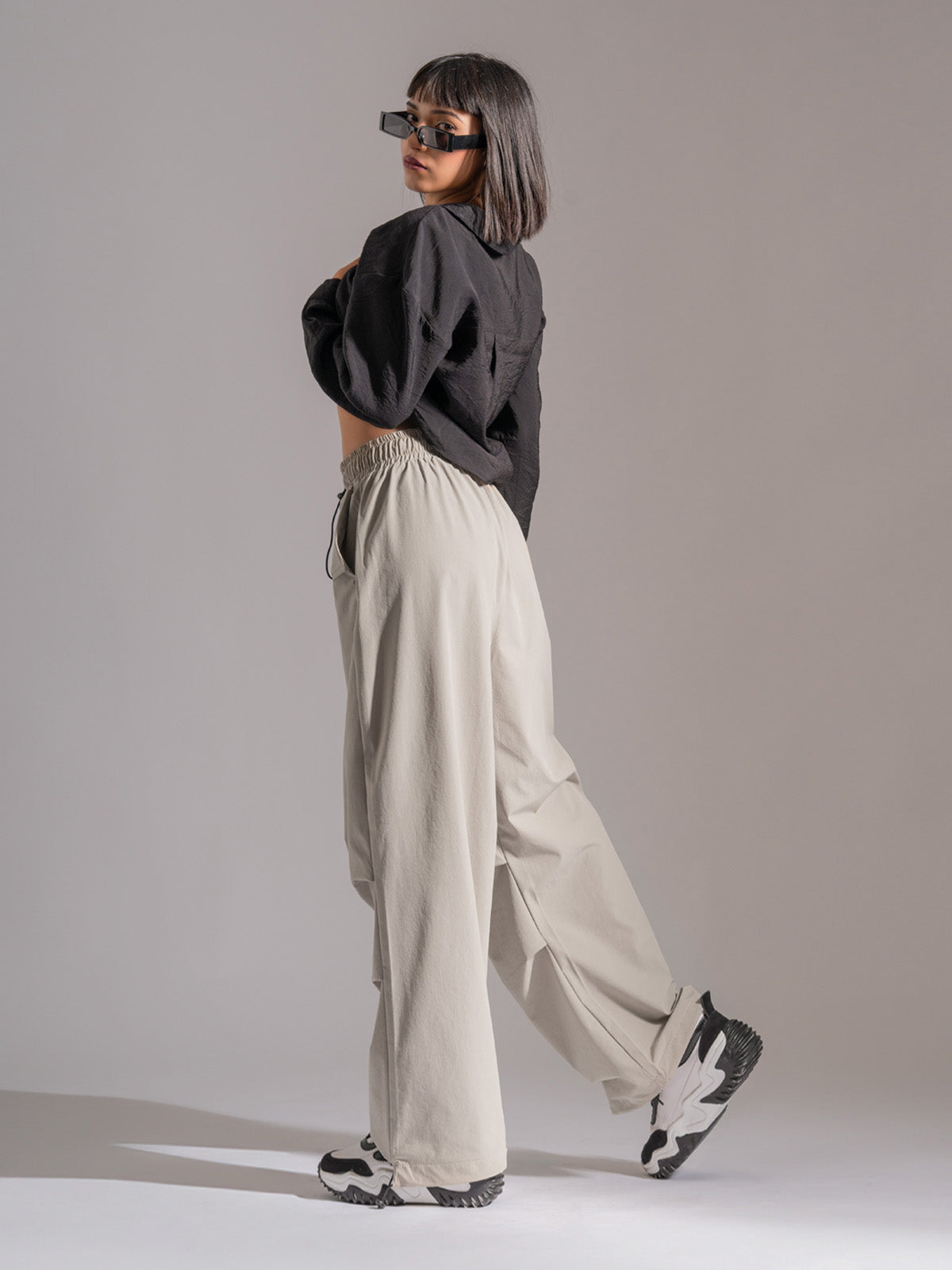 Ivory Nylon Baggy Parachute Pants