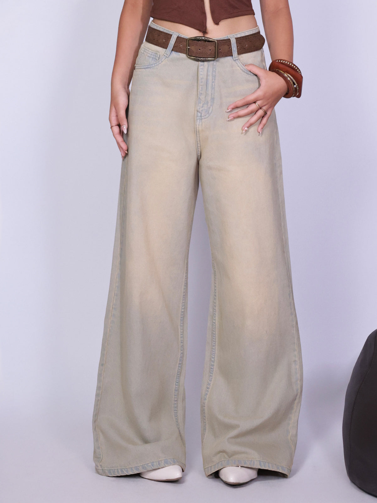 Vintage Sand Grey Embroidered Wide Leg Jeans