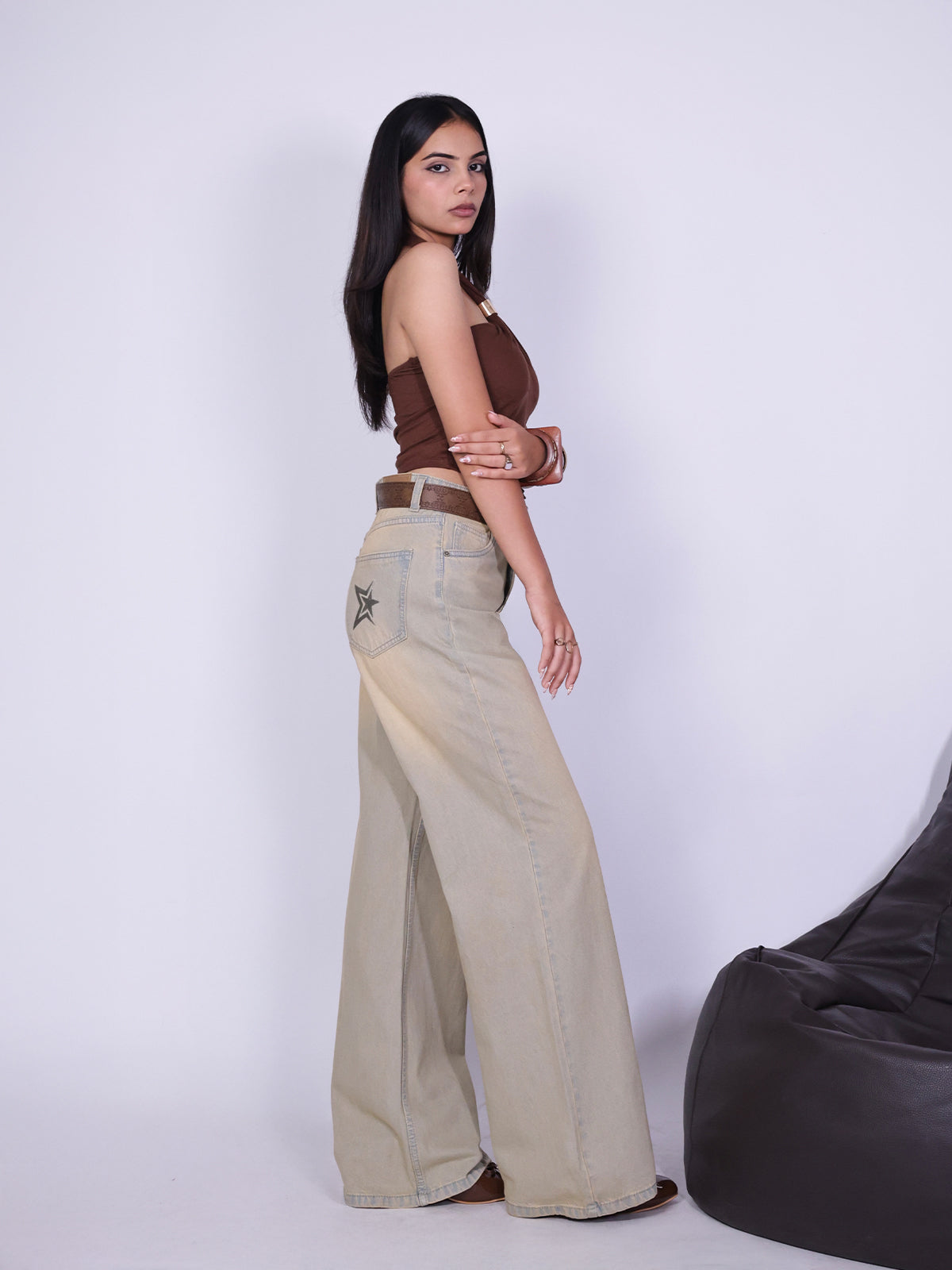 Vintage Sand Grey Embroidered Wide Leg Jeans