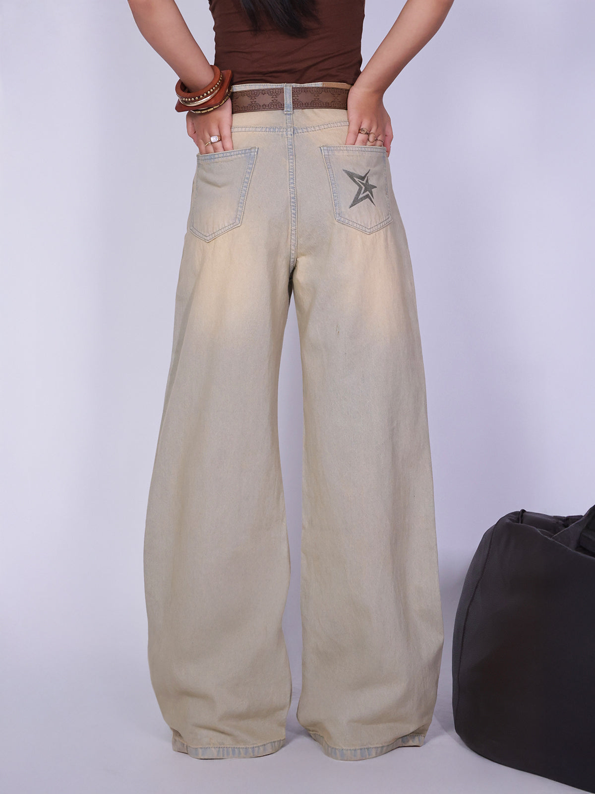 Vintage Sand Grey Embroidered Wide Leg Jeans