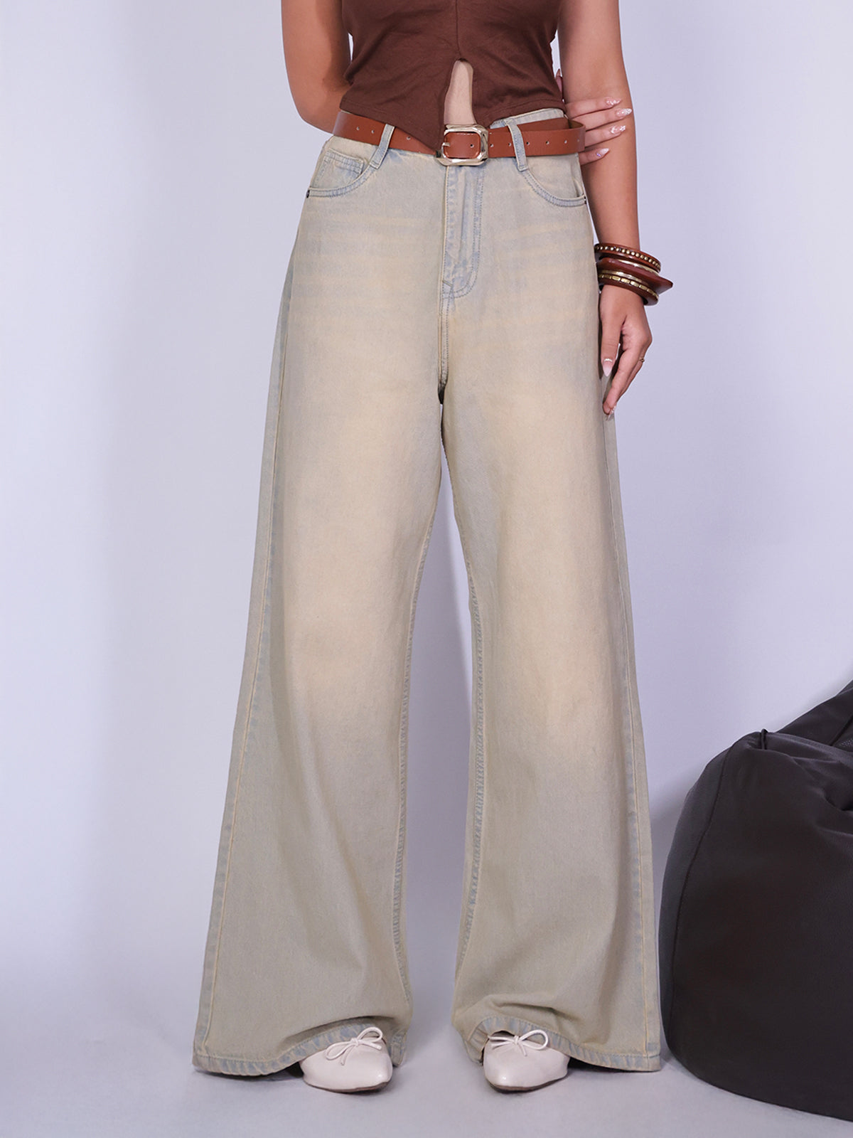 Vintage Sand Grey Embroidered Wide Leg Jeans