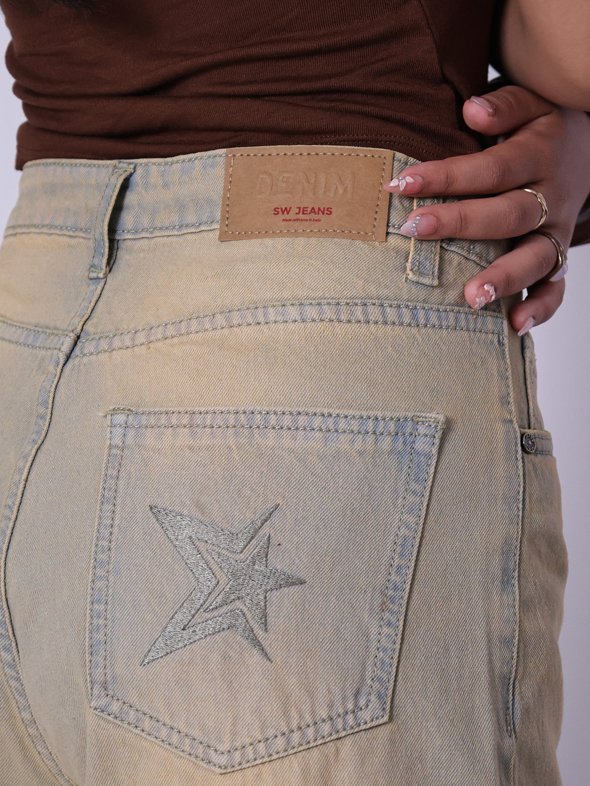 Vintage Sand Grey Embroidered Wide Leg Jeans