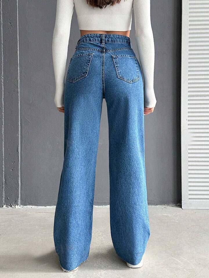 Stone Blue Raw Hem High Waist Wide Leg Jeans